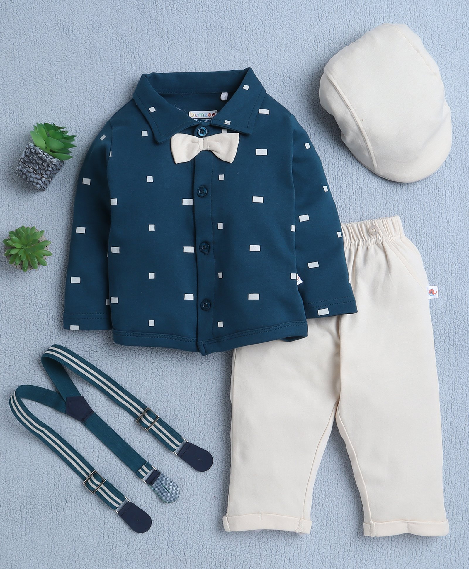 BUMZEE Cotton Knit Full Sleeves Abstract Printed Shirt With Trouser Suspender Bow & Cap Set - Beige & Teal-image-14