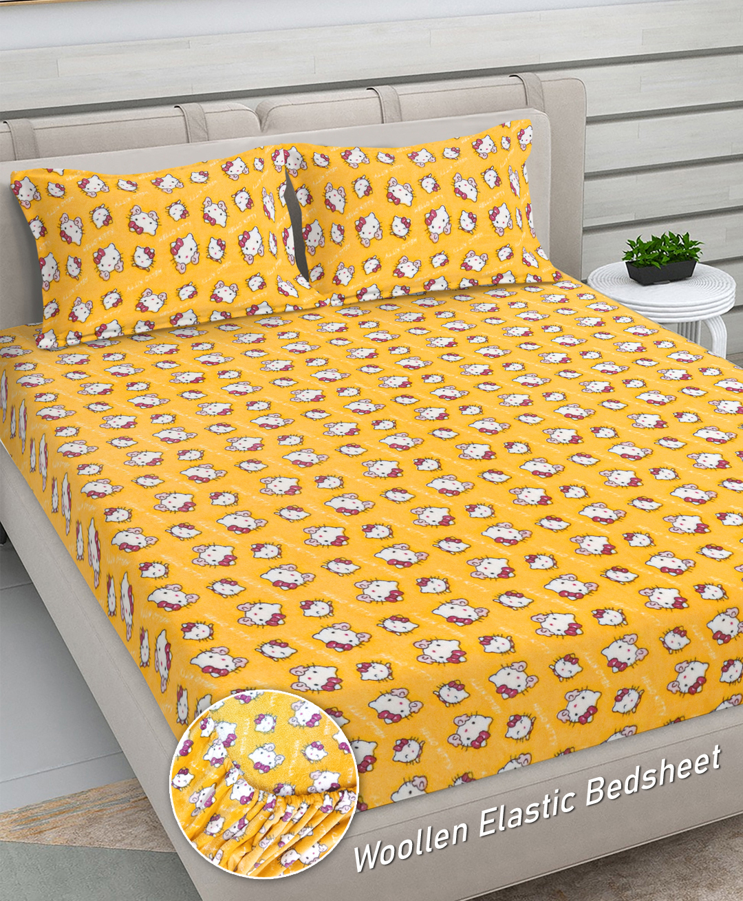 FABINALIV Yellow Cartoon Print Woollen King Size Fitted Double Bedsheet with 2 Pillow Covers-image-49
