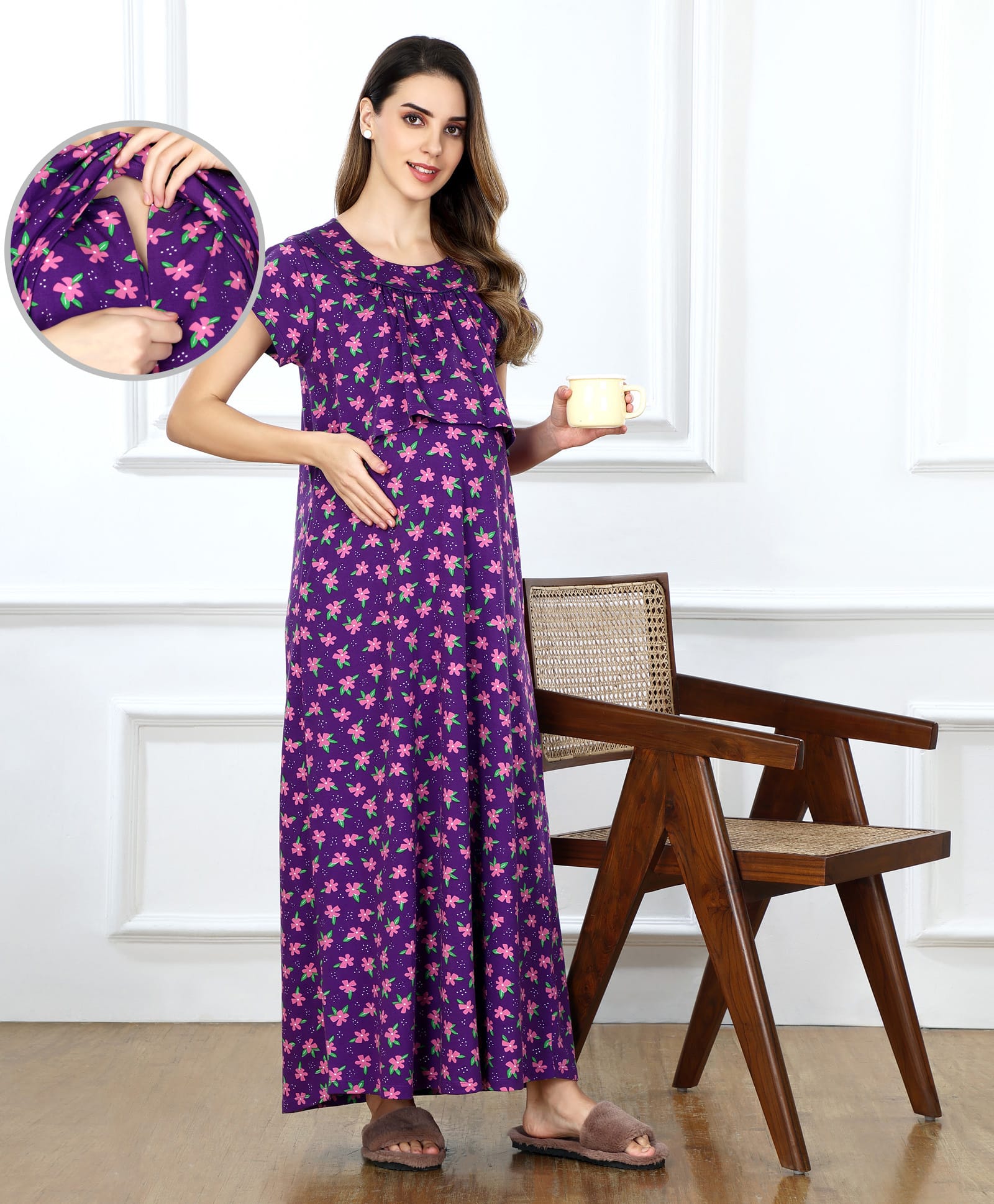 Bella Mama Cotton Knit Half Sleeves Concealed Zipper Floral Print Nighty - Purple-picture-27