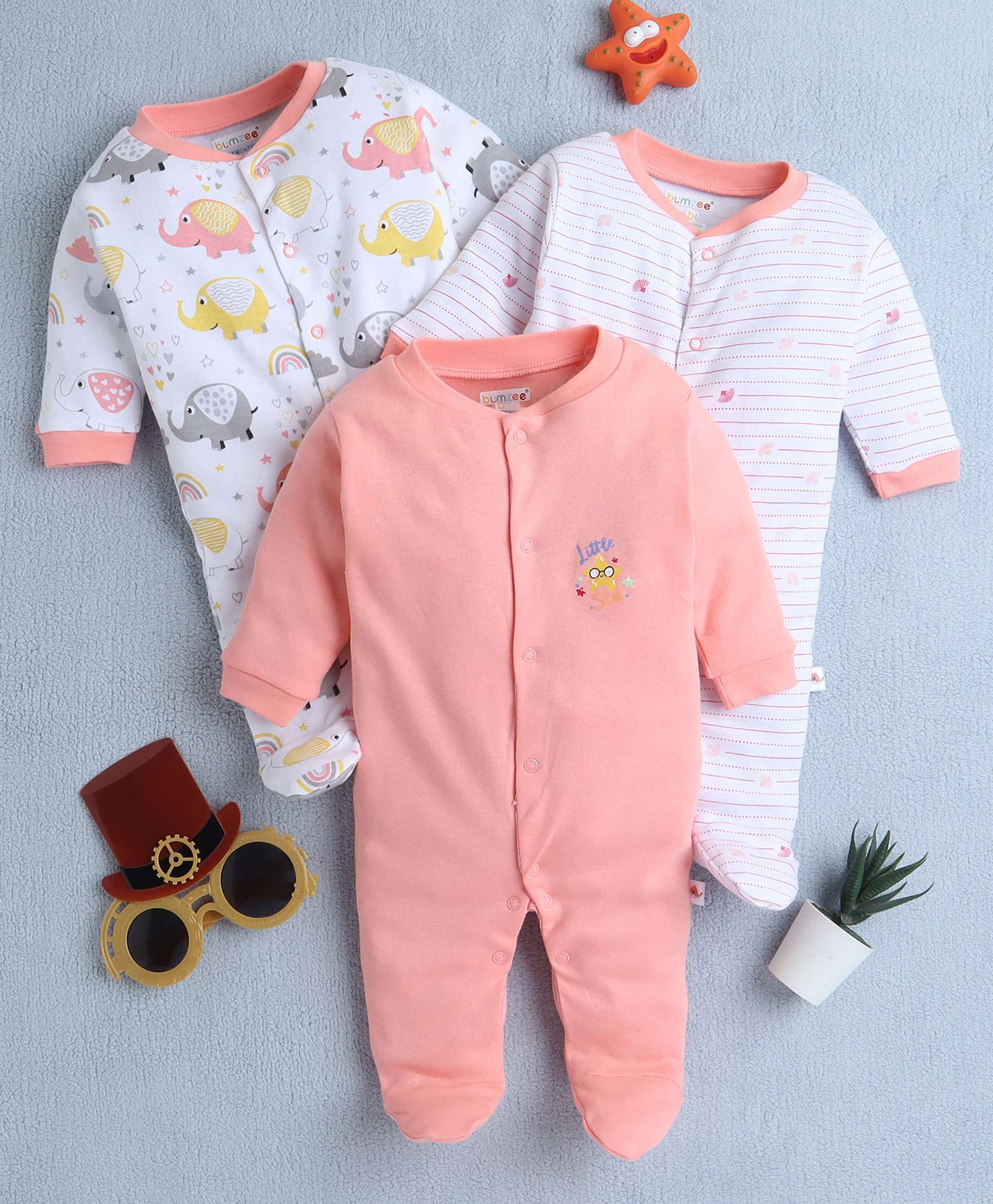 BUMZEE Cotton Knit Full Sleeves Footed Sleep Suits with Elephant Print & Stripes Pack of 3 - Pink & White-picture-16