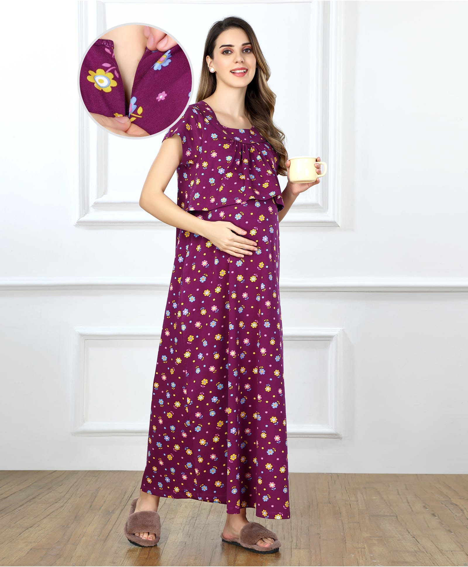 Bella Mama Cotton Knit Half Sleeves Concealed Zipper Floral Print Nighty - Purple-image-3