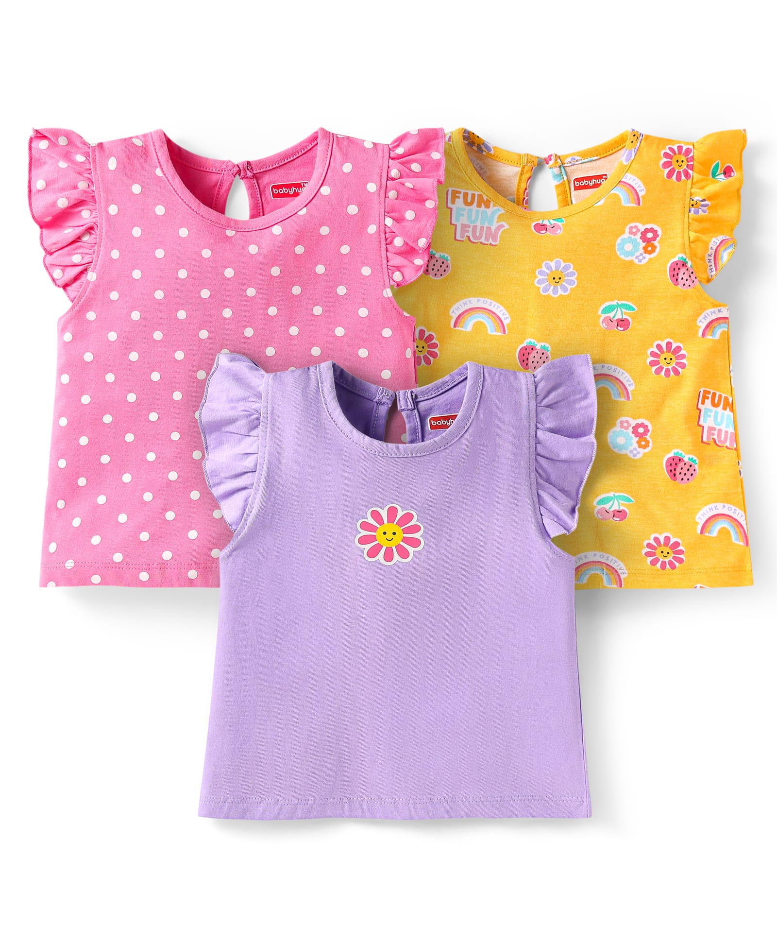 Babyhug Cotton Knit Frill Sleeves T-Shirts with Polka Dots & Floral Print Pack of 3 - Purple & Pink-picture-25