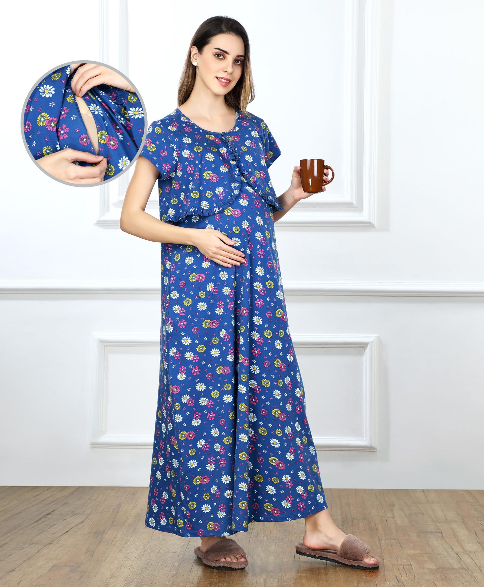 Bella Mama Cotton Knit Half Sleeves Concealed Zipper Floral Printed Nighty - Blue-image-6