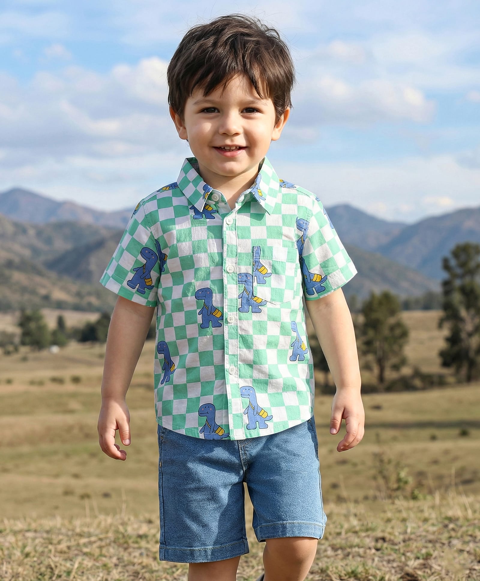 Babyhug Cotton Woven Half Sleeves Checks Shirt & Denim Shorts Set With Dino Print - Sea Green & Blue-image-36