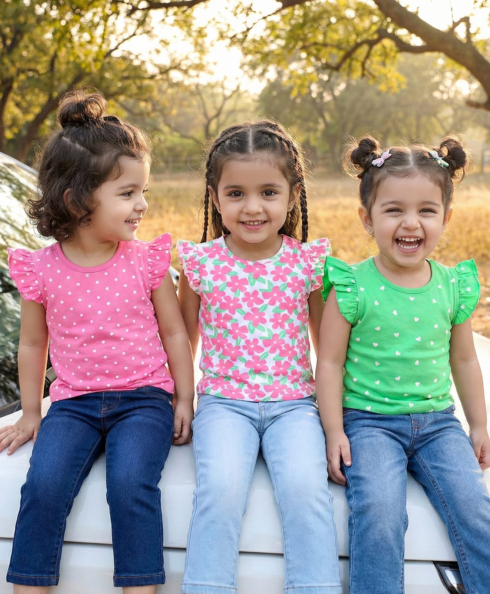 Babyhug Cotton Knit Frill Sleeves T-Shirts with Polka Dots & Floral Print Pack of 3 - Light Green & Pink-picture-14
