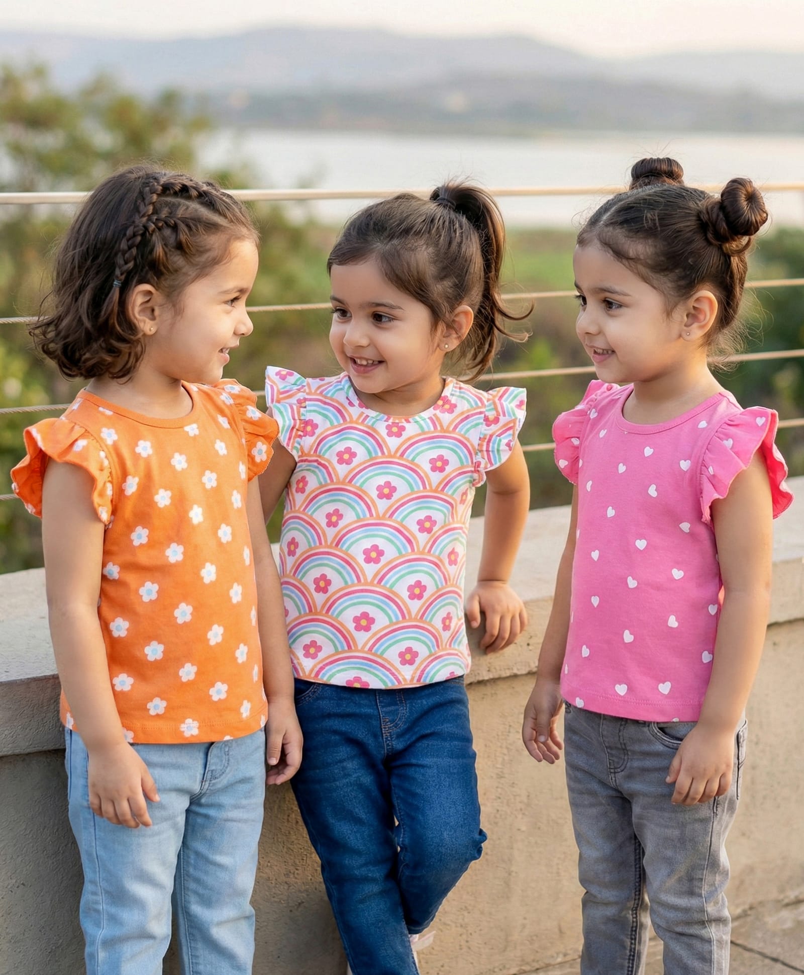 Babyhug Cotton Knit Frill Sleeves T-Shirts With Floral & Heart Print Pack Of 3 - Orange & Dark Pink-picture-35