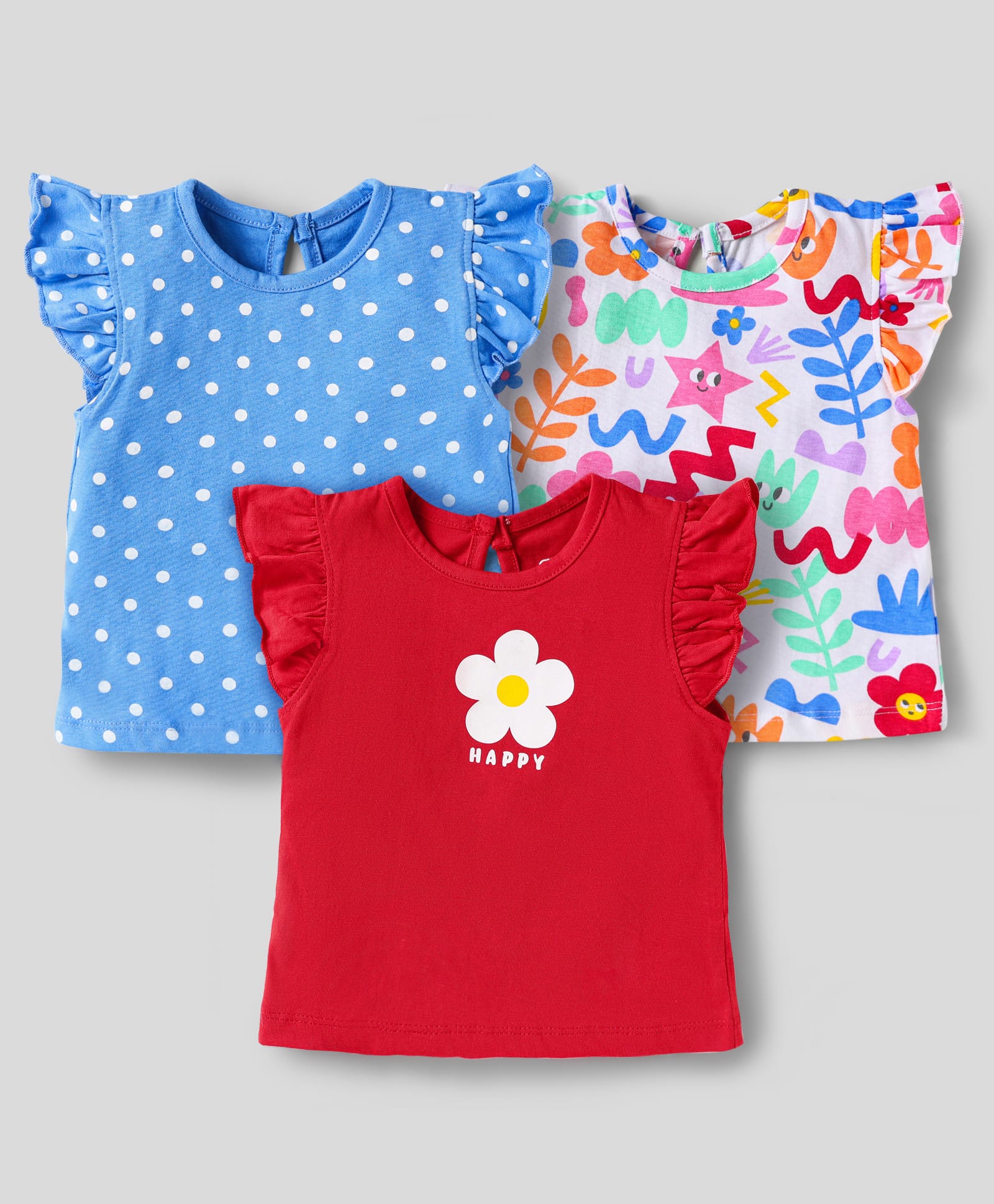Babyhug Cotton Knit Frill Sleeves T-Shirts With Floral & Polka Dot Print Pack Of 3 - Red & Blue-image-10