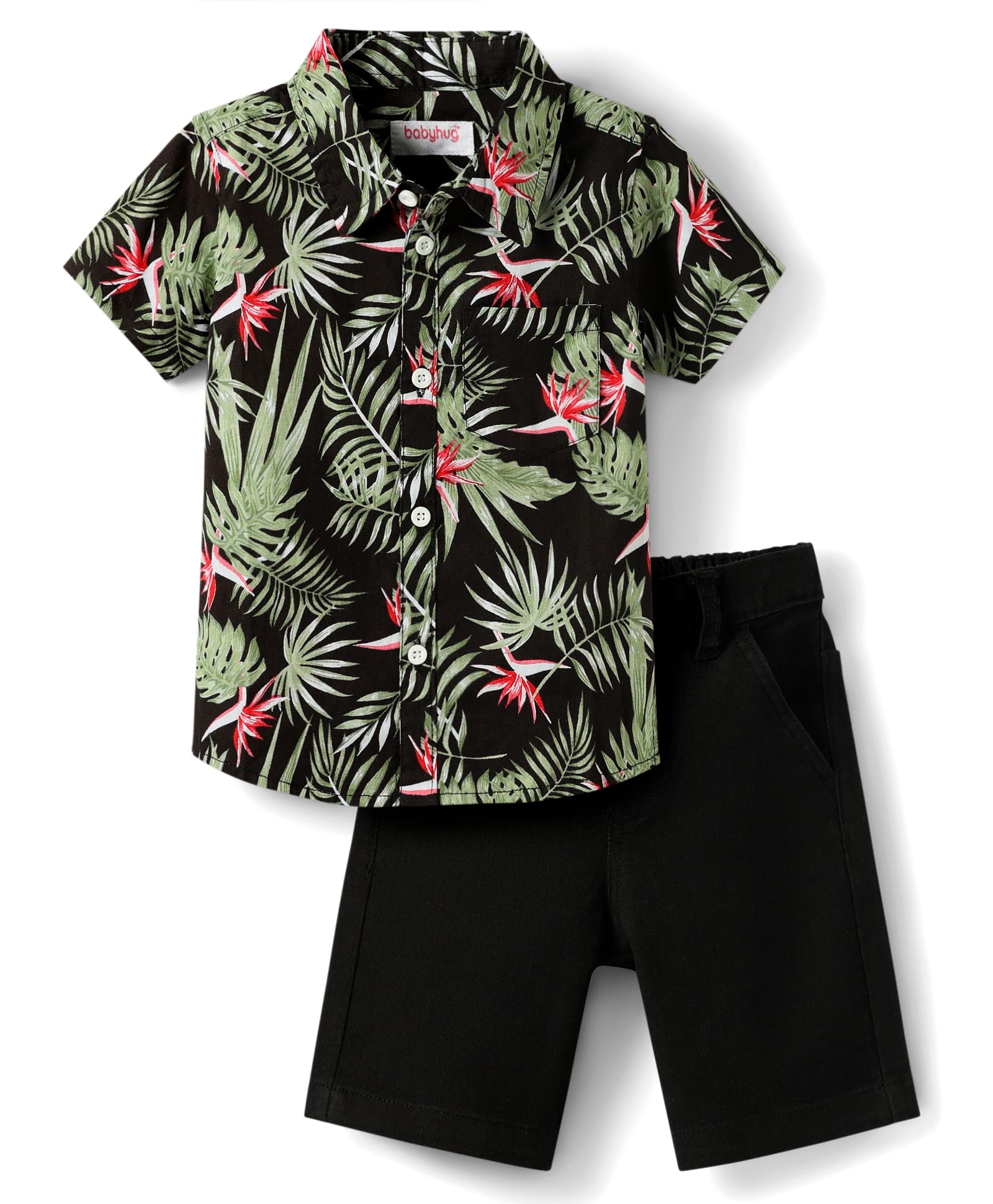 Babyhug Cotton Woven Half Sleeves Shirt & Denim Shorts Set with Leaves Print - Black-picture-20