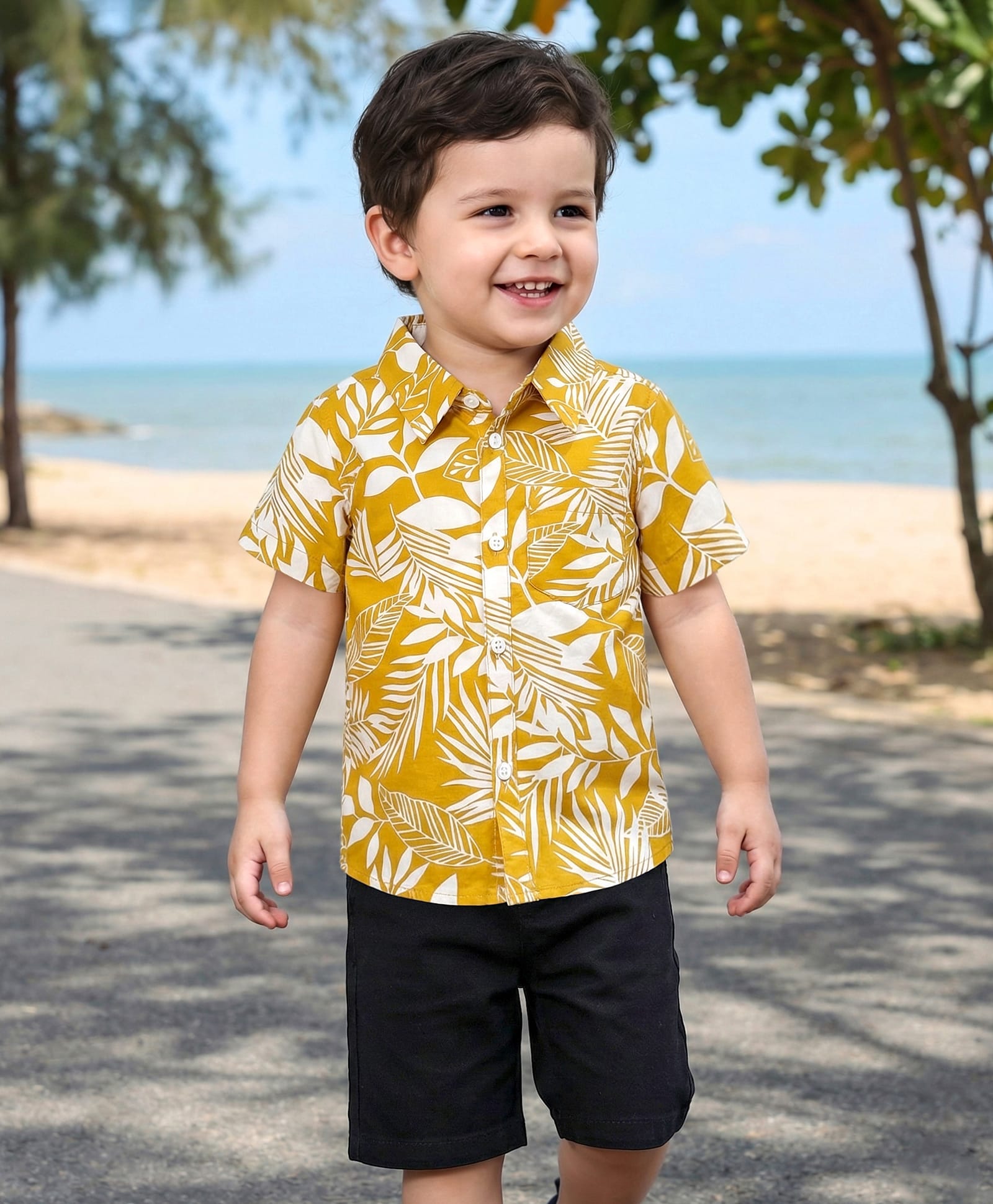 Babyhug Cotton Woven Half Sleeves Shirt and Shorts Set with Leaves Printed - Yellow & Black-image-3