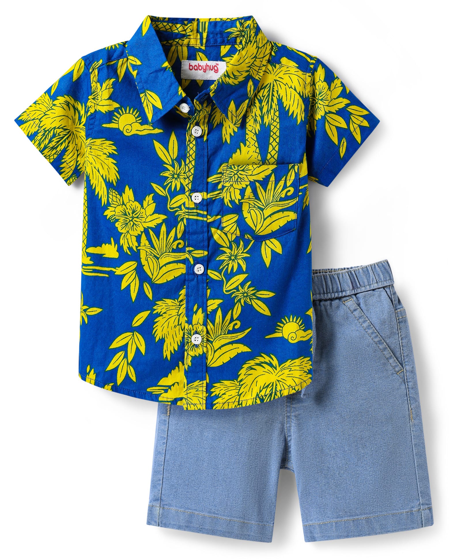 Babyhug Cotton Woven Half Sleeves Shirt & Denim Shorts Set with Floral Print - Blue-picture-21
