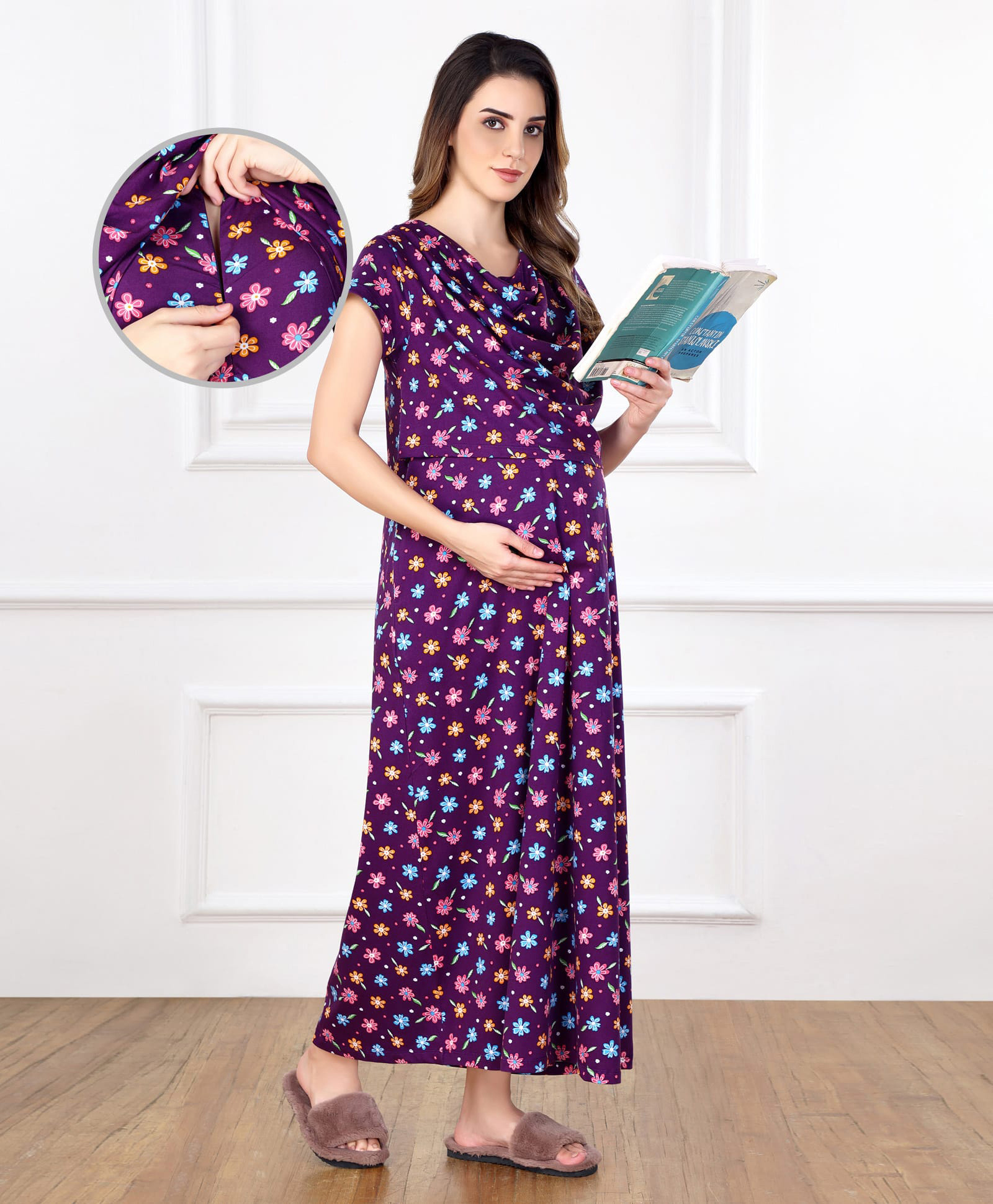 Bella Mama Cotton Knit Half Sleeves Concealed Zipper Floral Print Nighty - Purple-picture-34
