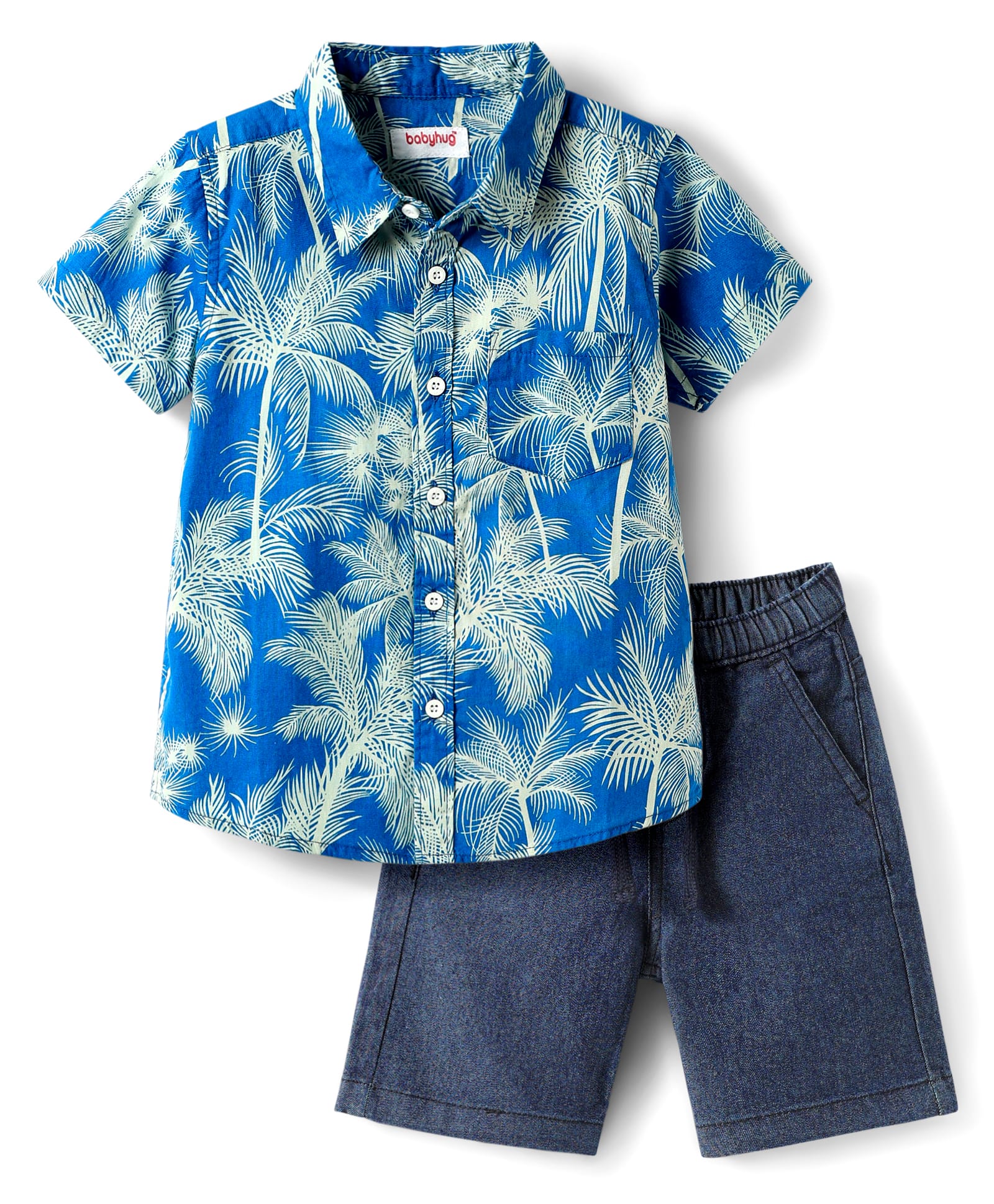 Babyhug Cotton Woven Half Sleeves Shirt & Denim Shorts Set With Tree Print - Blue-picture-17