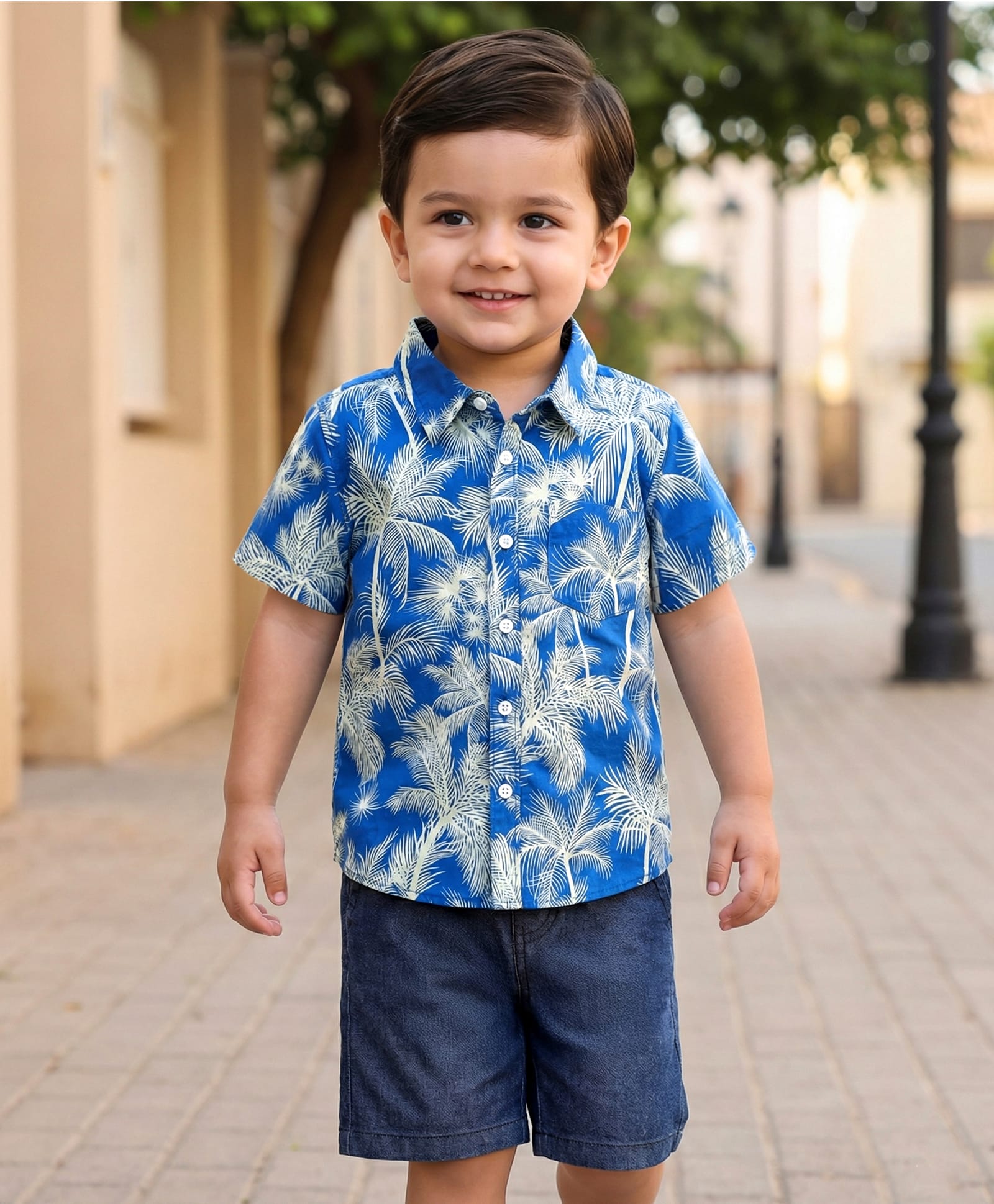 Babyhug Cotton Woven Half Sleeves Shirt & Denim Shorts Set With Tree Print - Blue-picture-22