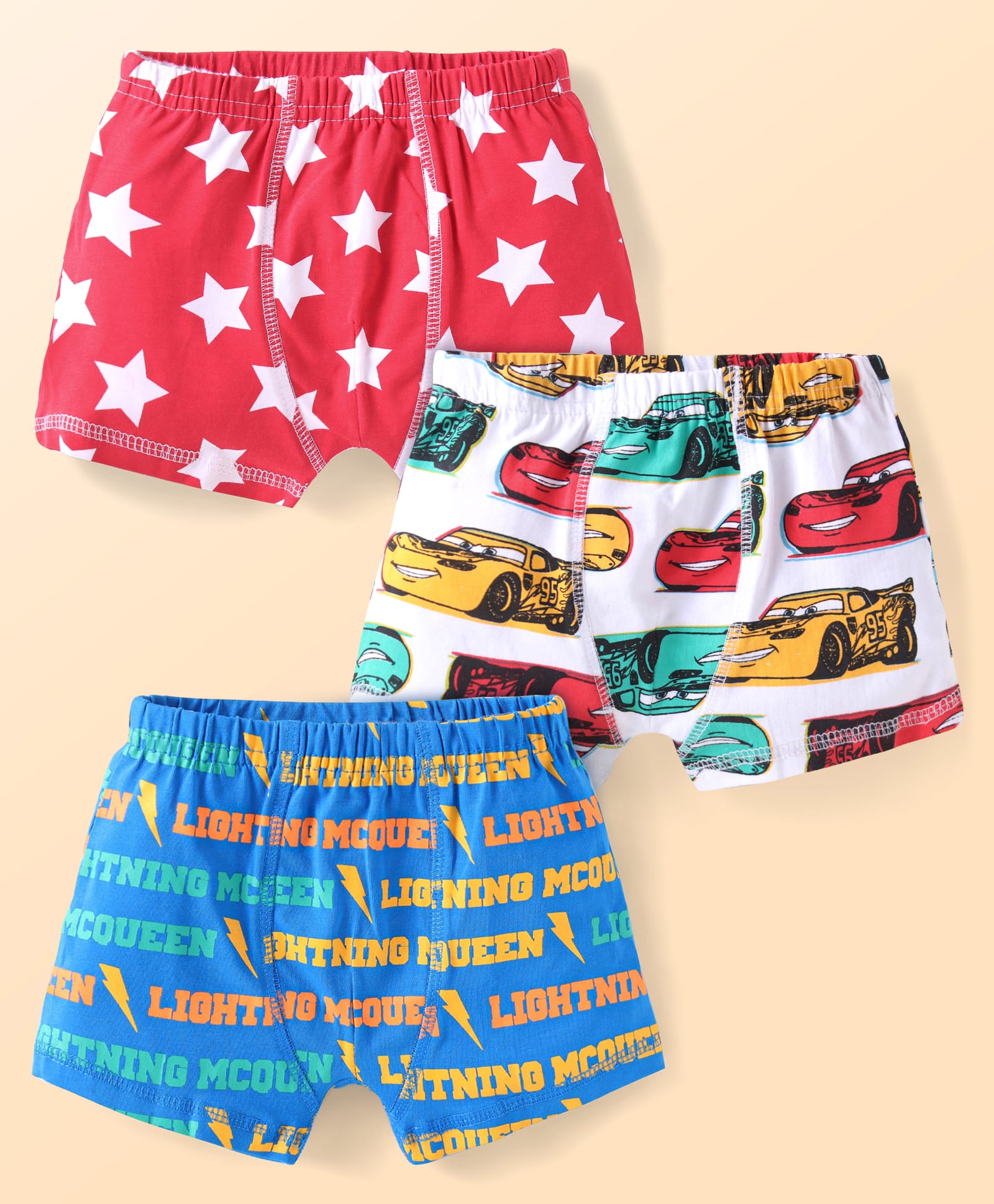 Babyhug Disney Single Jersey Knit Trunks With Cars Print Pack of 3 - Red White & Blue-image-38