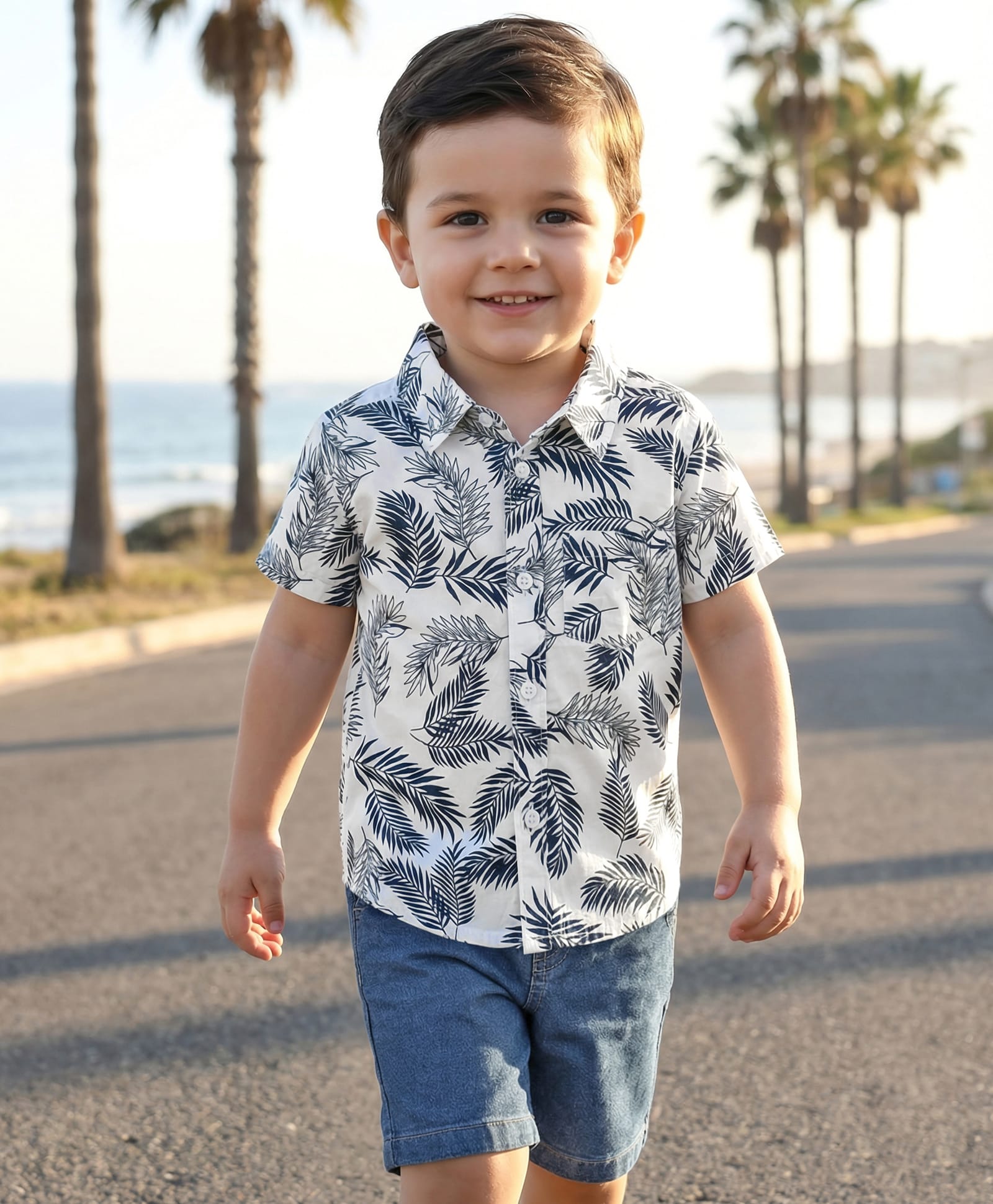 Babyhug Cotton Woven Half Sleeves Shirt & Denim Shorts with Leaves Print - White & Blue