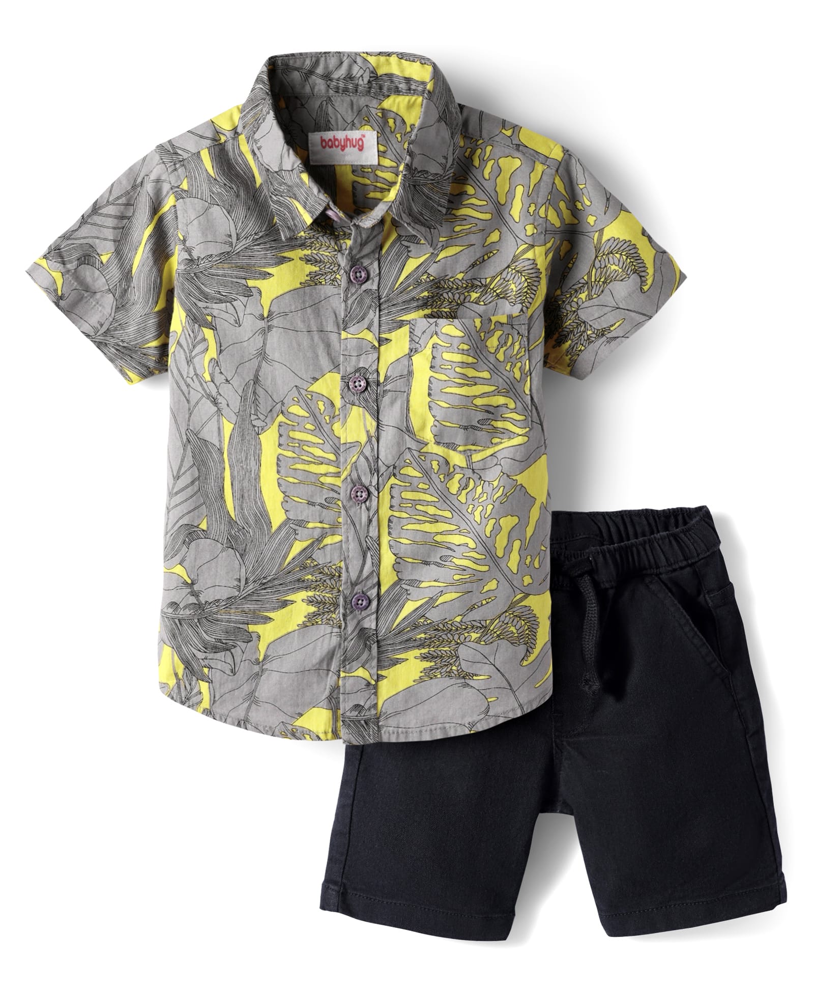 Babyhug Cotton Woven Half Sleeves Shirt & Denim Shorts Set With Leaf Print - Grey & Black