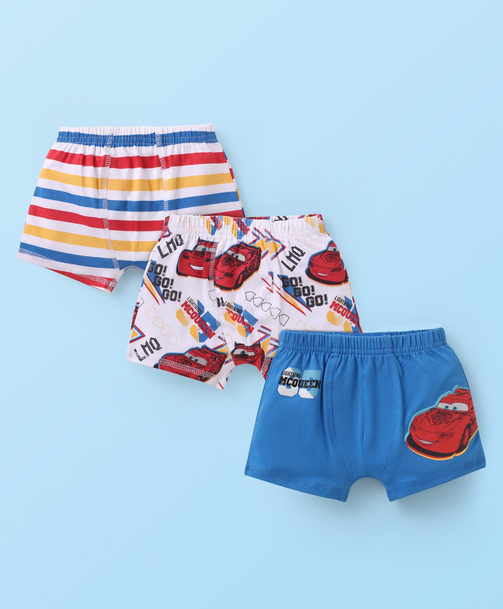 Babyhug Disney Single Jersey Knit Trunks with Stripes & Cars Print Pack Of 3 - Red White & Blue-image-21