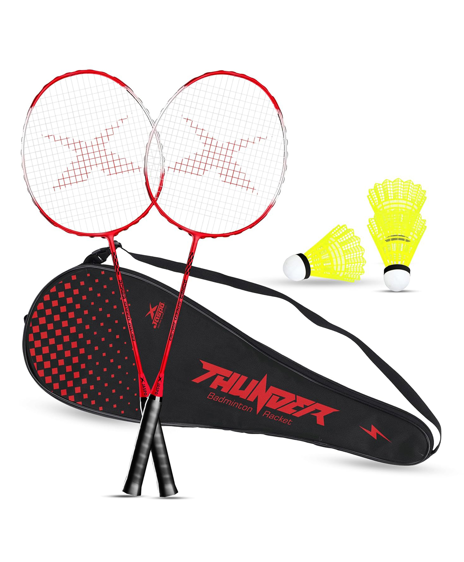 JASPO Thunder Badminton Kit,Badminton Set of Metal Alloy Rackets (Set of 2) with Full Cover Bag, 5 pcs Plastic Shuttlecocks, Ideal only for Recreational Play, Designed for Kids & Youngsters (Red)-picture-44