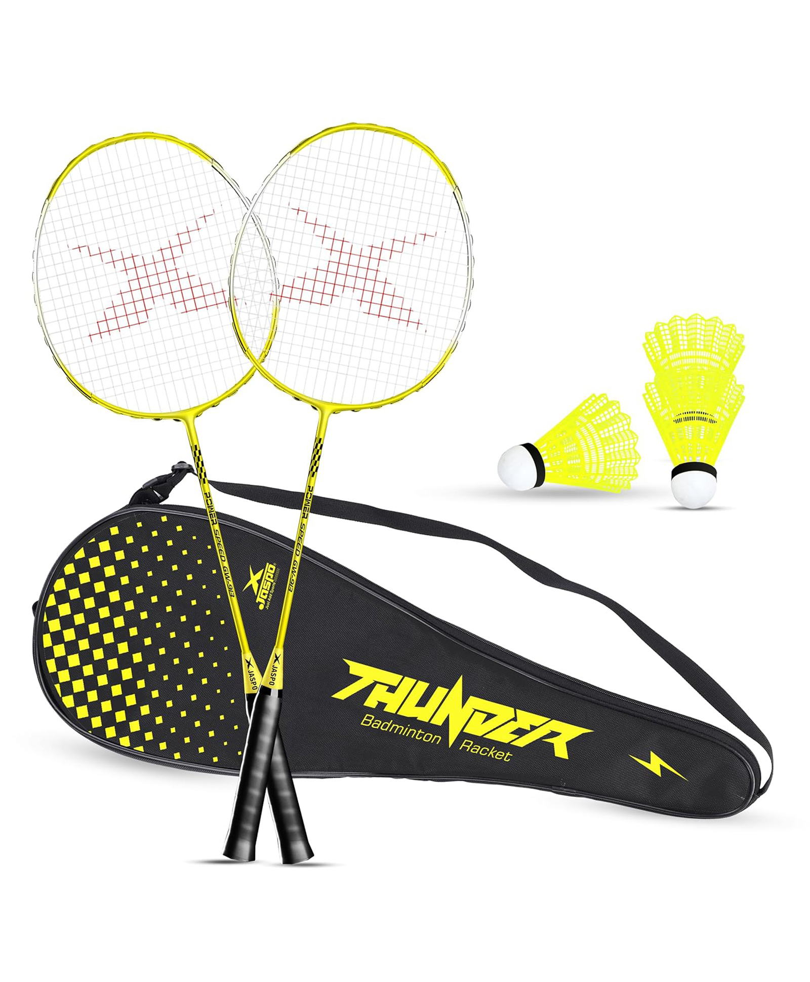 JASPO Thunder Badminton Kit,Badminton Set of Metal Alloy Rackets (Set of 2) with Full Cover Bag, 5 pcs Plastic Shuttlecocks, Ideal only for Recreational Play, Designed for Kids & Youngsters (Yellow)-image-4