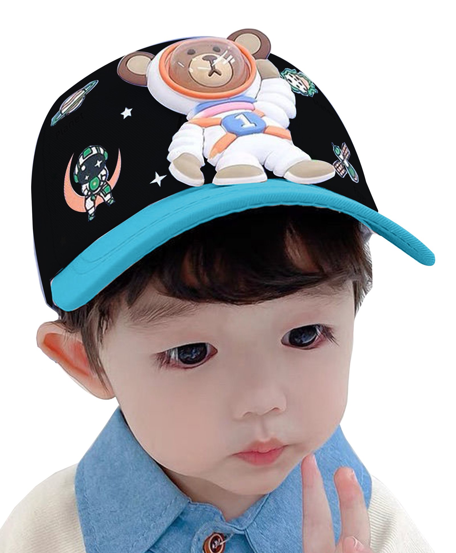 Babymoon Cotton Teddy Bear Applique Detailed & Space Theme Designed Summer Cap - Black-picture-16