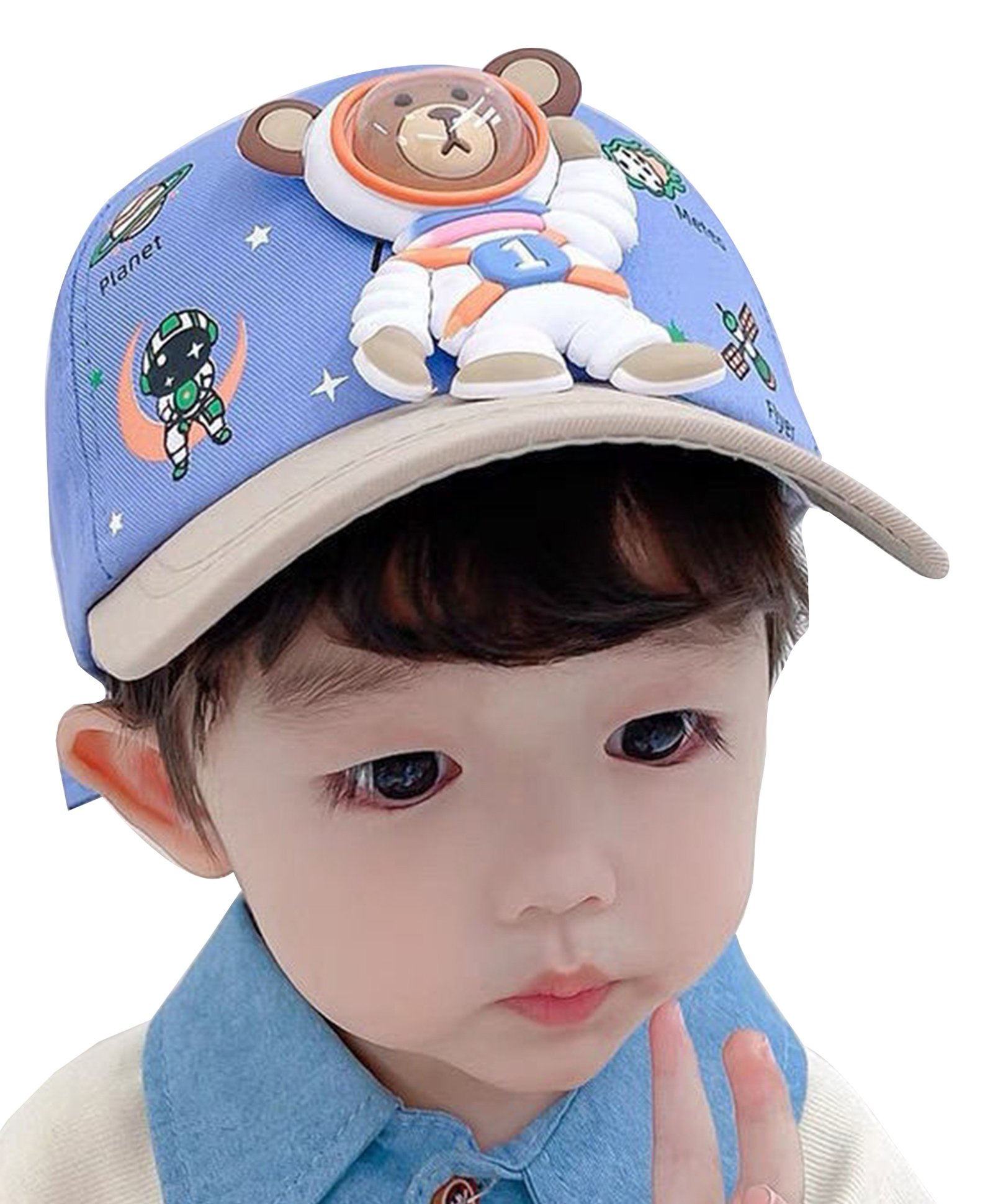 Babymoon Cotton Teddy Bear Applique Detailed & Space Theme Designed Summer Cap - Blue-picture-18