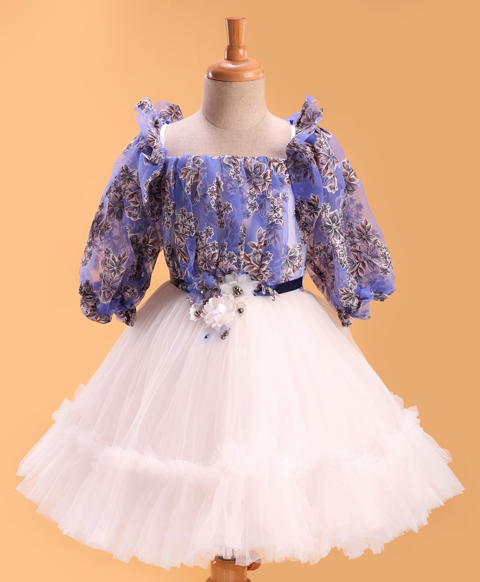 Enfance Full Puffed Sleeves Floral Applique & Printed Dress - Blue-image-37
