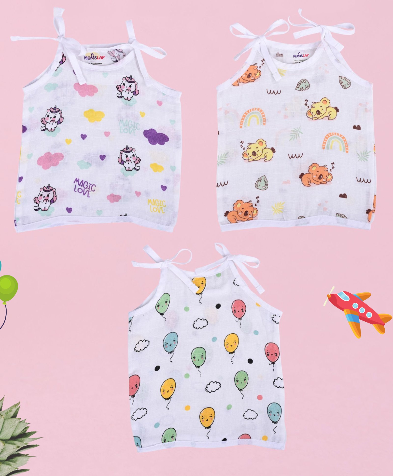MumsLap Muslin Organic Cotton Pack Of 3 Sleeveless Baby Koalas & Unicorns Printed Jhablas - White-image-32