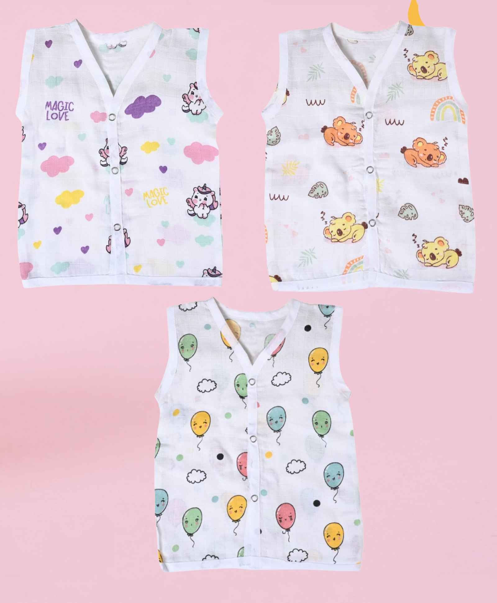 MumsLap Muslin Organic Cotton Pack Of 3 Sleeveless Baby Koalas & Unicorns Printed Jhablas - White-image-16