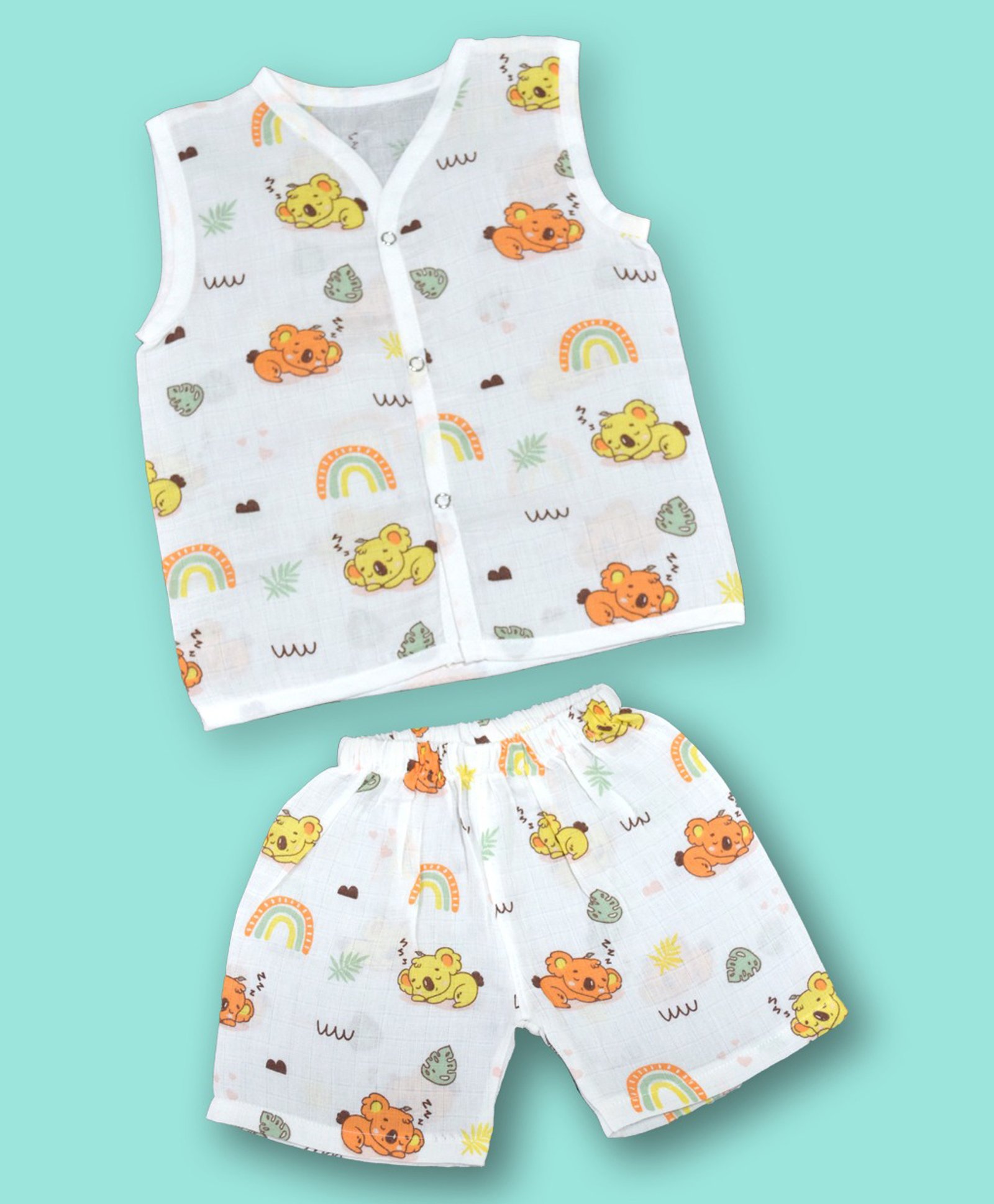 MumsLap Muslin Organic Cotton Sleeveless Baby Koalas Printed Coordinating Jhabla & Shorts Set - White-picture-30