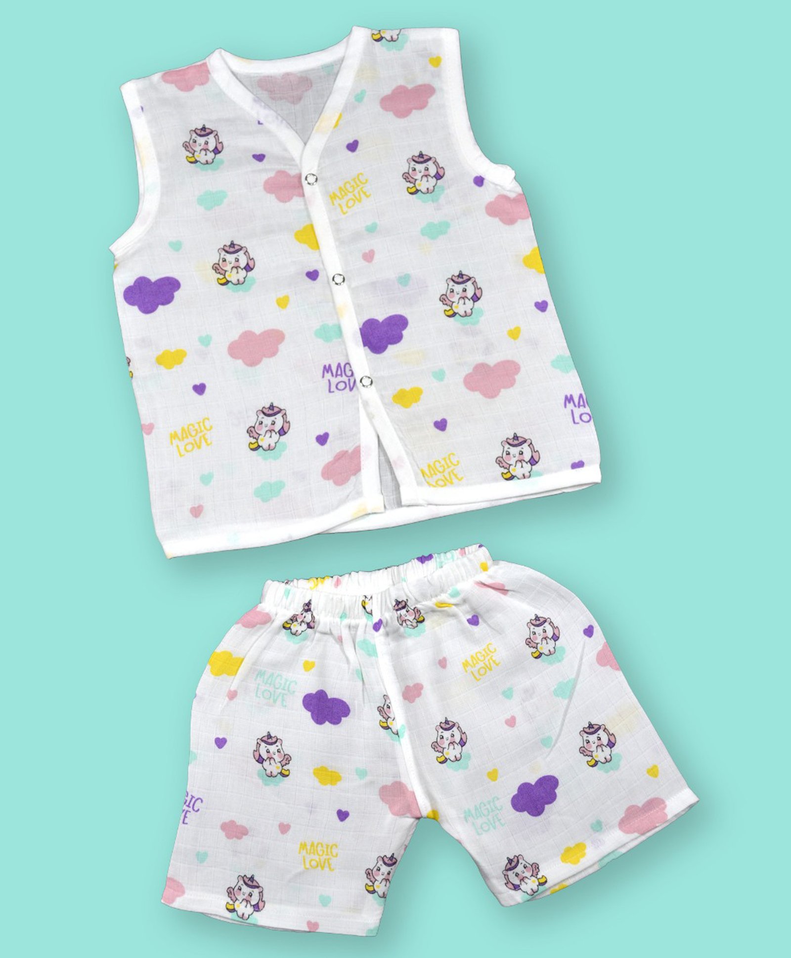 MumsLap Muslin Organic Cotton Sleeveless Baby Unicorns Printed Coordinating Jhabla & Shorts Set - White-image-31