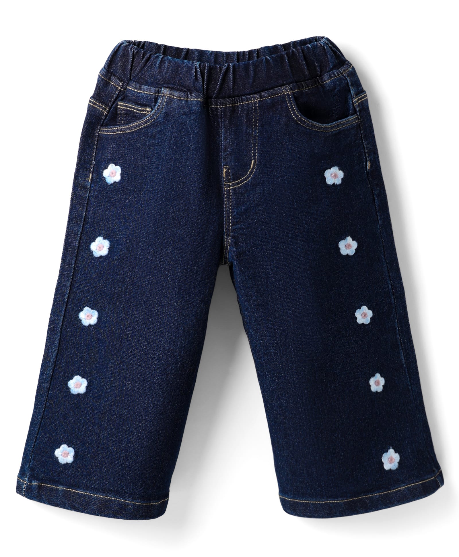 Babyhug Full Length Washed Denim Jeans With Stretch & Floral Embroidery - Navy Blue-picture-13
