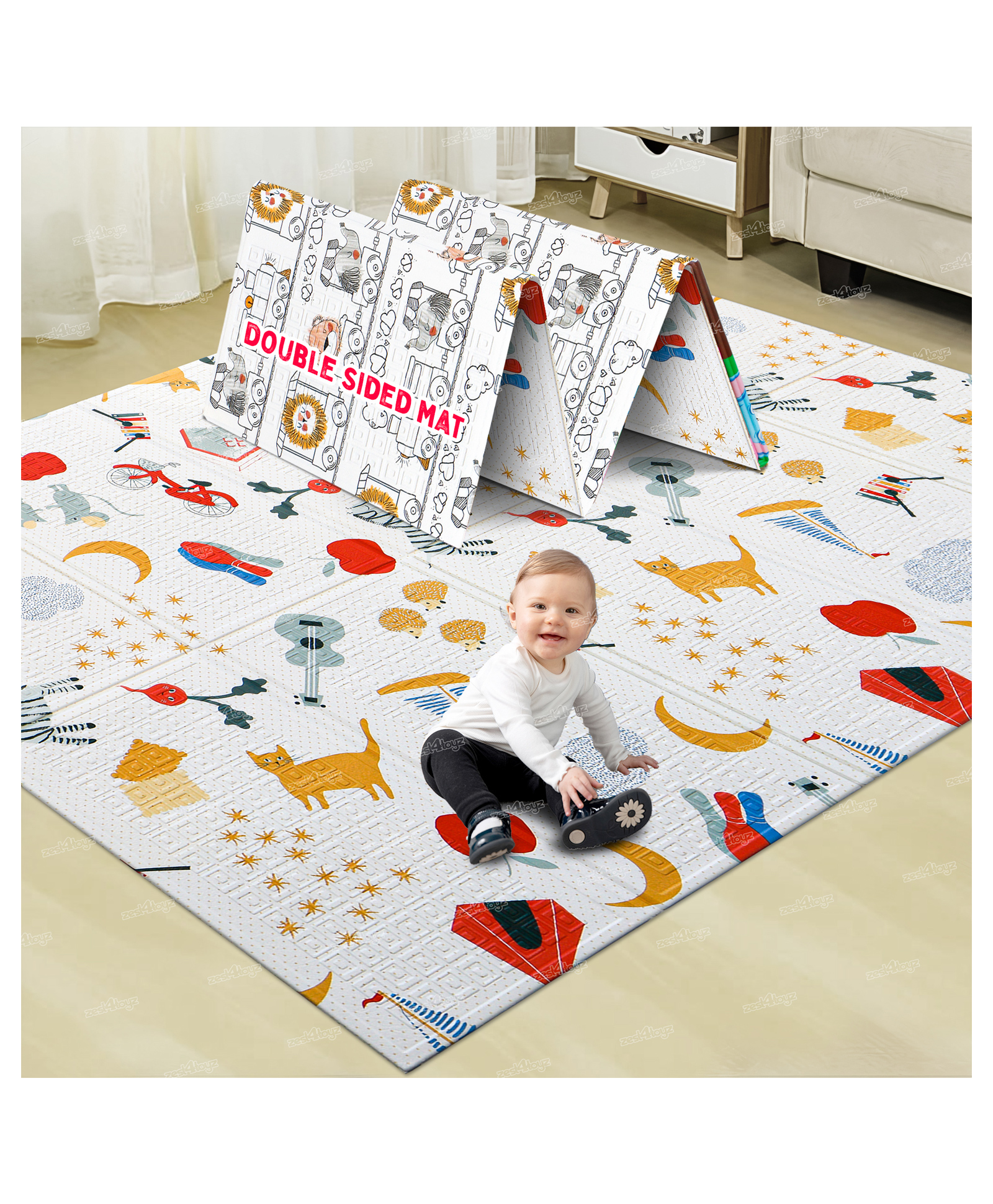Zest 4 Toyz Play Mat For Baby Zoo Double Sided Waterproof & Extra Large Anti-Slip Folding Mats Infant Gym Water Resistant Play & Crawl Carpet For Babies - White-image-4