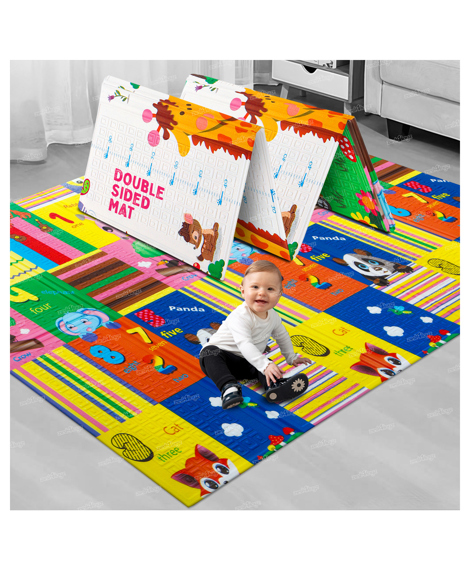 Zest 4 Toyz Play Mat For Baby 123 Double Sided Waterproof & Extra Large Anti-Slip Folding Mats Infant Gym Water Resistant Play & Crawl Carpet For Babies - Yellow-image-2