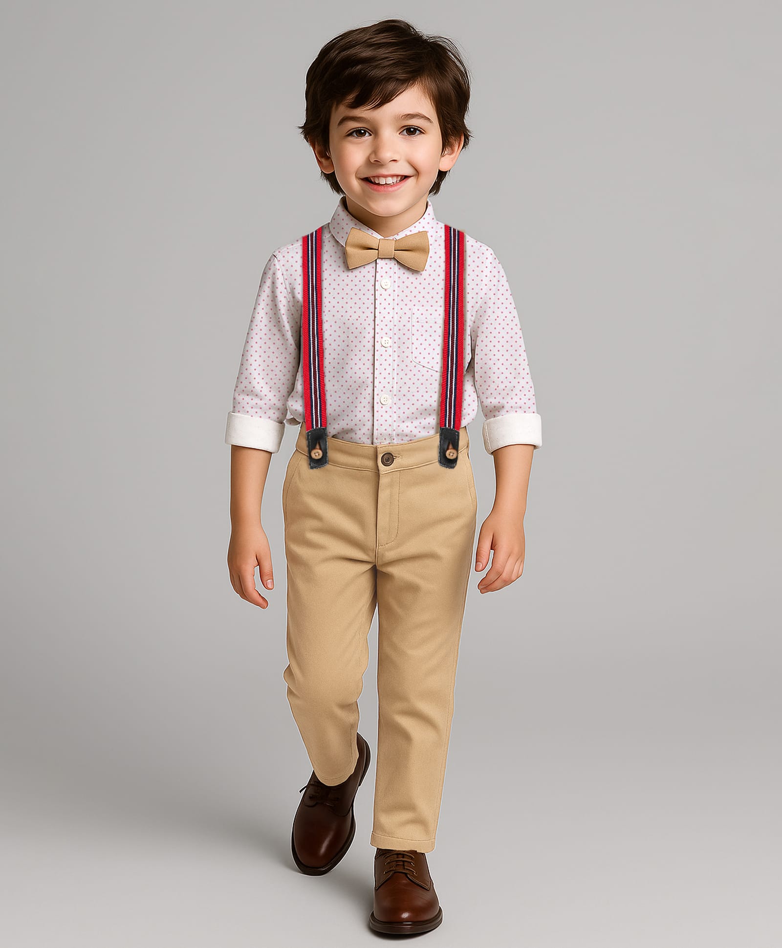 Babyhug Knit Full Sleeves Polka Dots Printed Shirt & Trouser Set with Bow & Suspender - White & Beige-image-33
