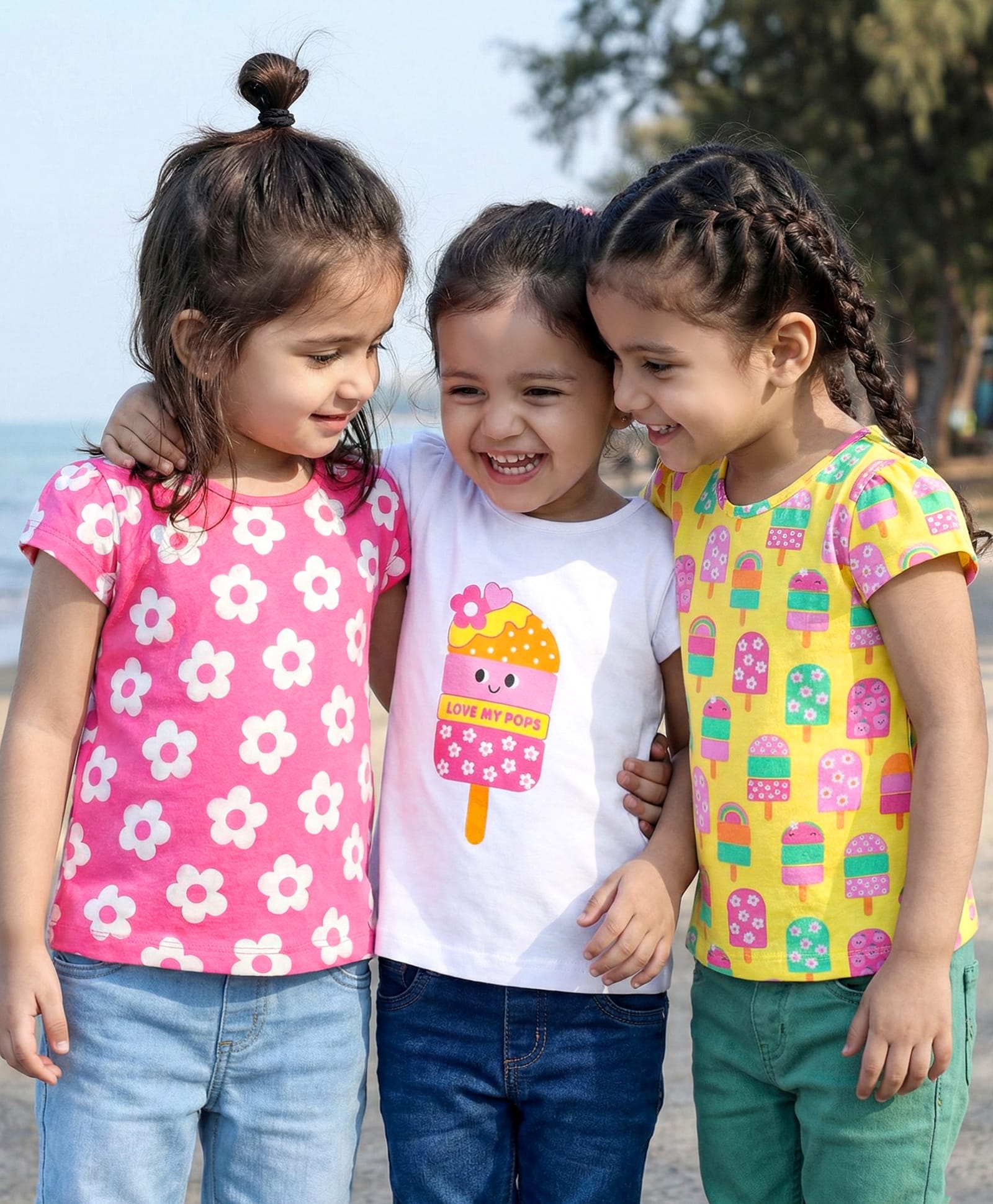 Babyhug Cotton Knit Sleeveless T-Shirts With Floral & Ice- Cream Print Pack Of 3 - Pink Yellow & White-image-21