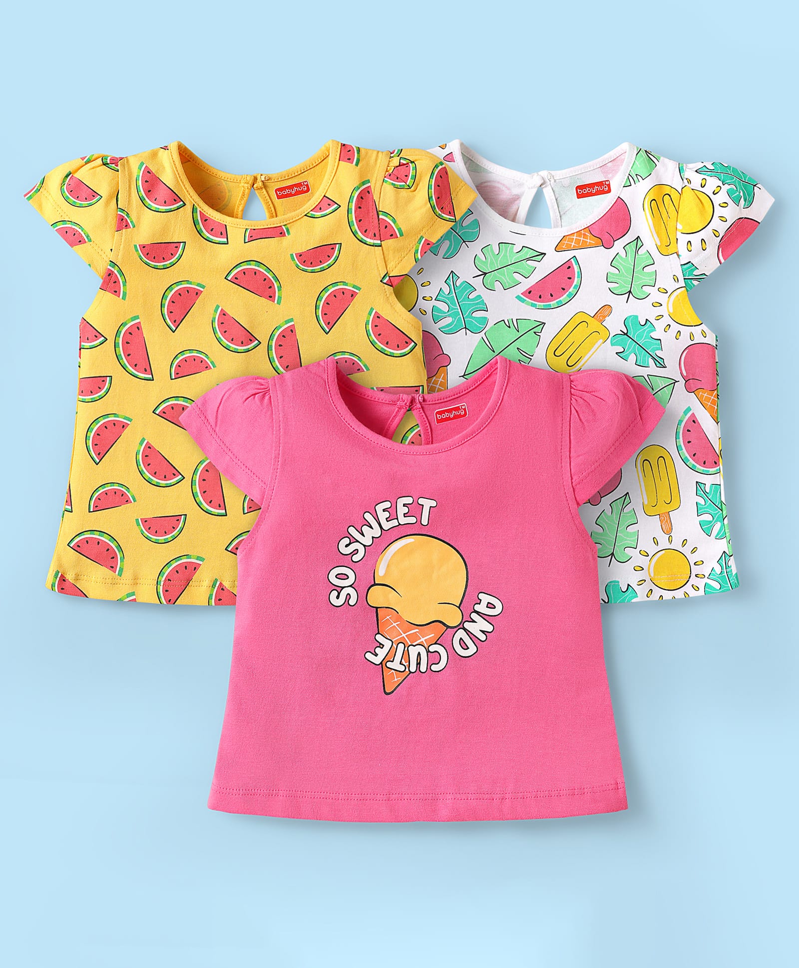 Babyhug Cotton Knit Half Sleeves T-Shirts With Tropical Print Pack Of 3 - Dark Pink Yellow & White-picture-24