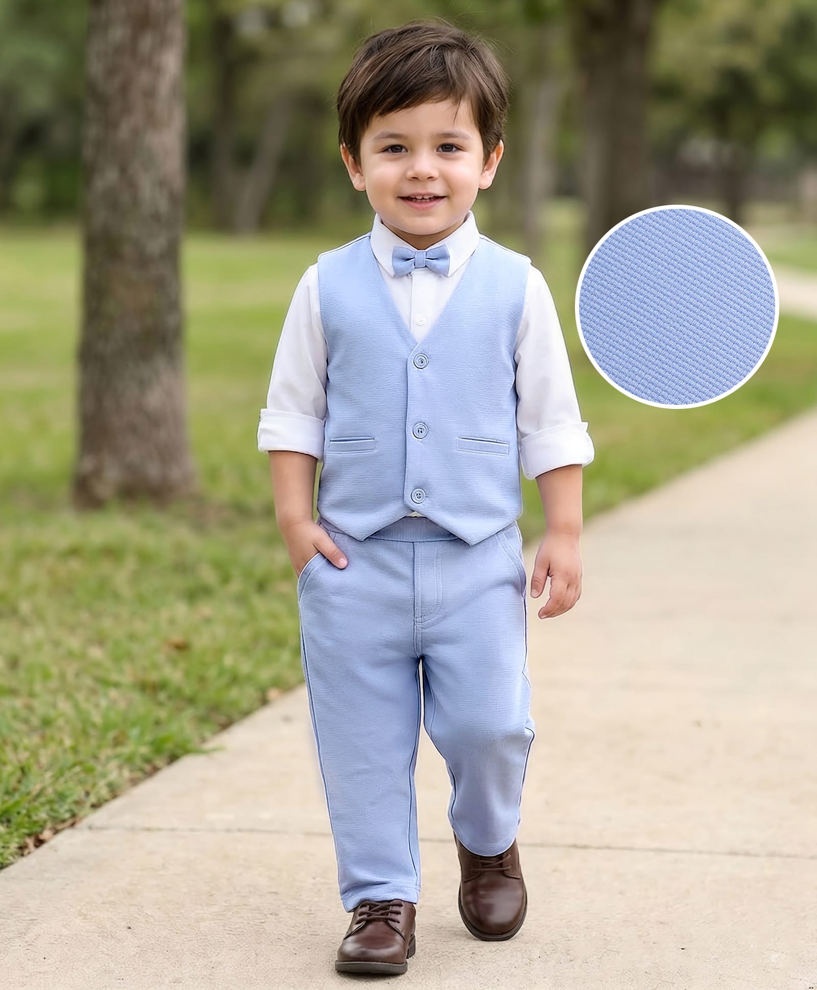 Babyhug Knit Full Sleeves Solid Color 3 Piece Party Suit with Bow Applique - White & Blue-picture-25