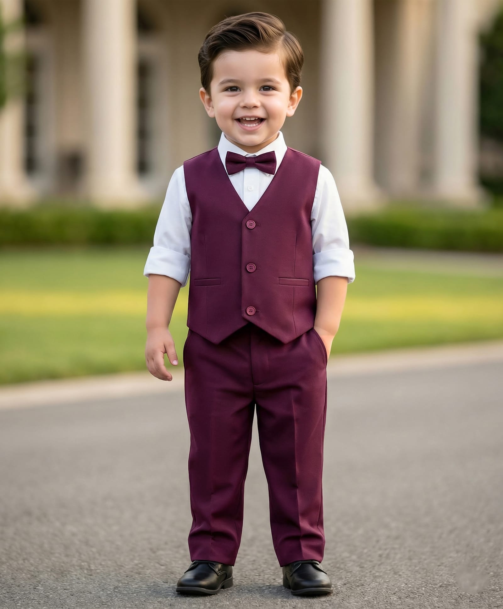 Babyhug Knit Full Sleeves Solid 3 Piece Party Suit With Bow Applique - Wine & White-image-37