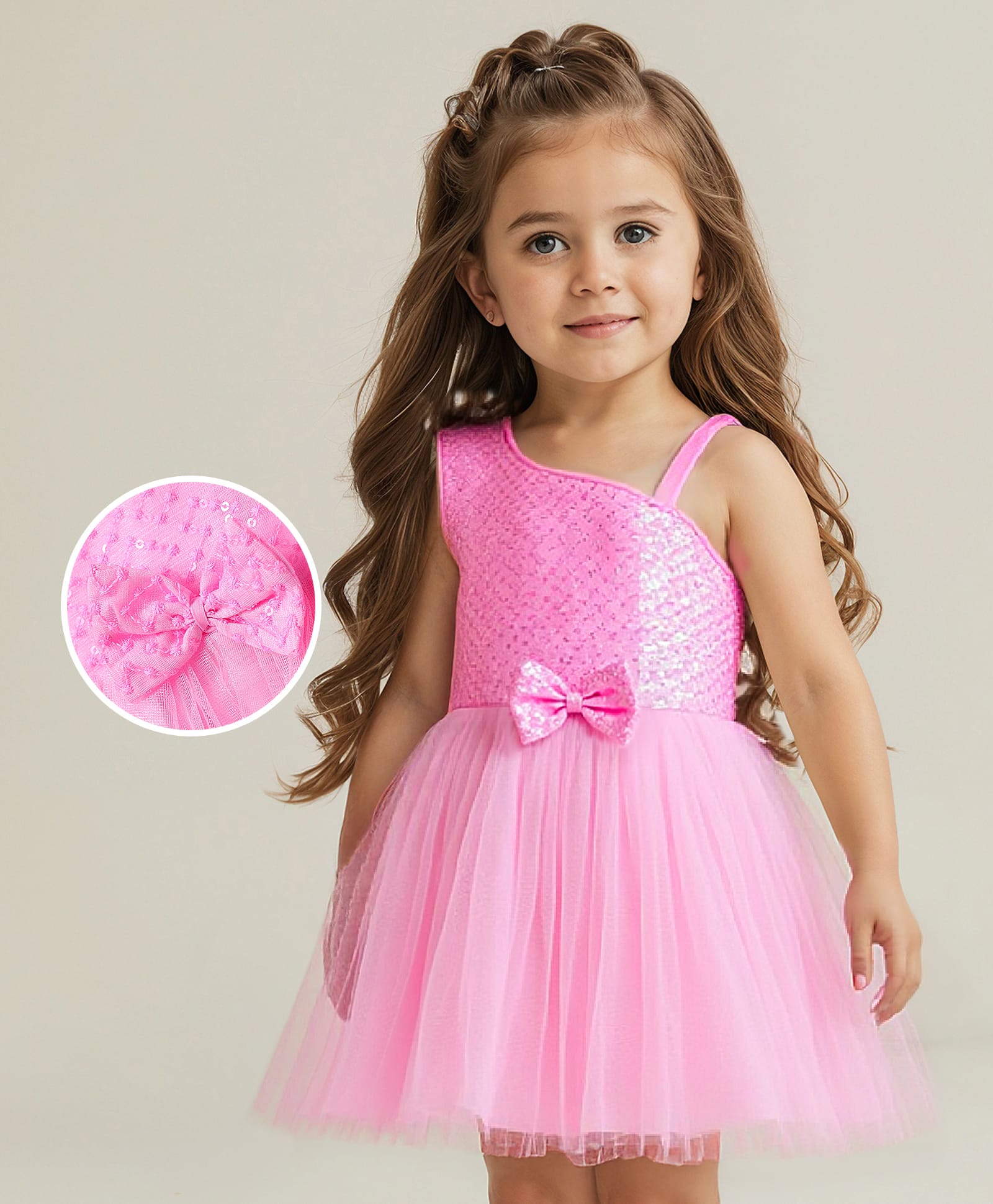 Babyhug Woven Sleeveless Fit & Flare Mesh Party Dress with Bow Applique & Sequin Embroidery - Pink-picture-24