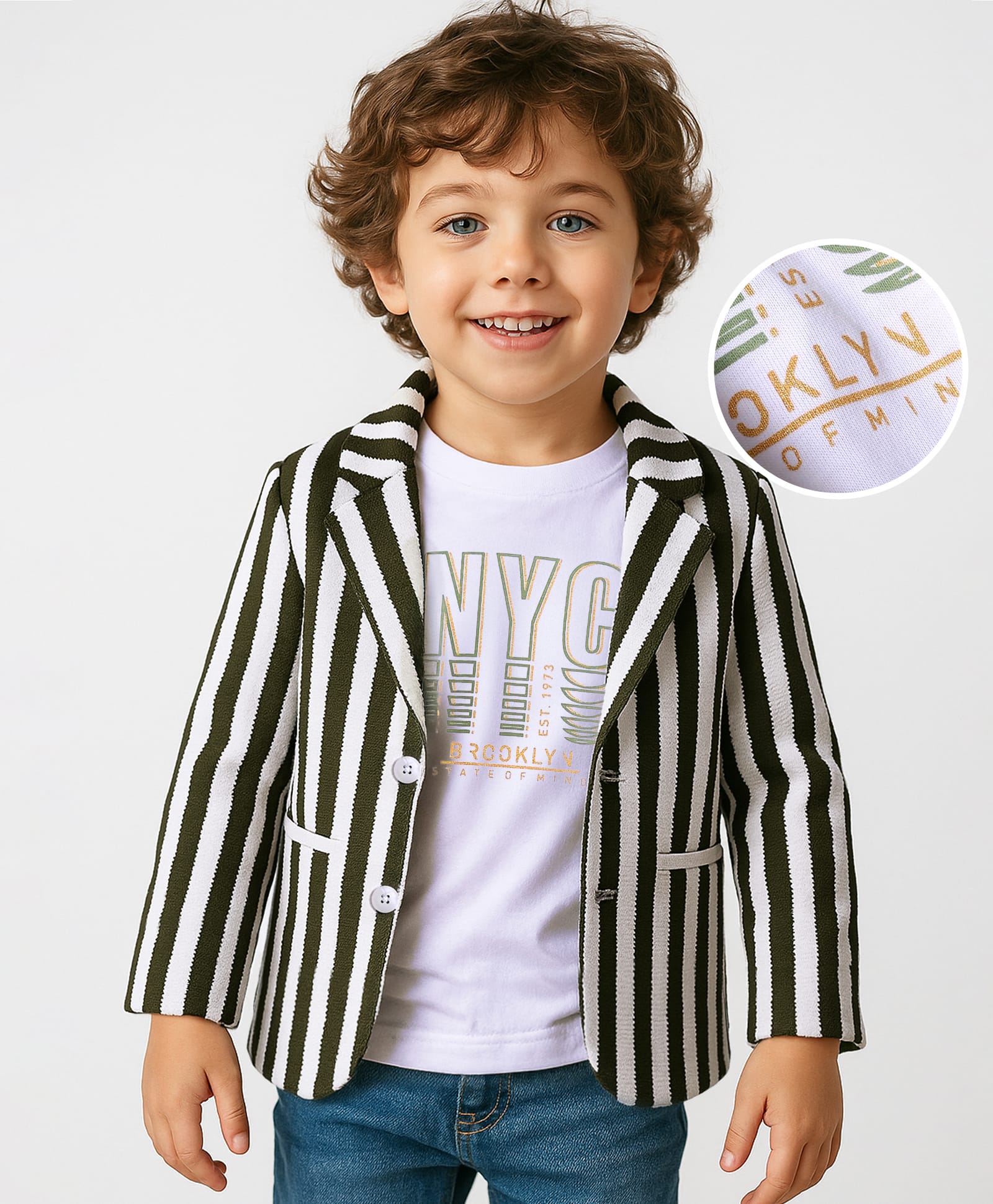 Babyhug Knit Full Sleeves Striped Blazer With NYC Printed T-Shirt - Olive Green & White-image-39