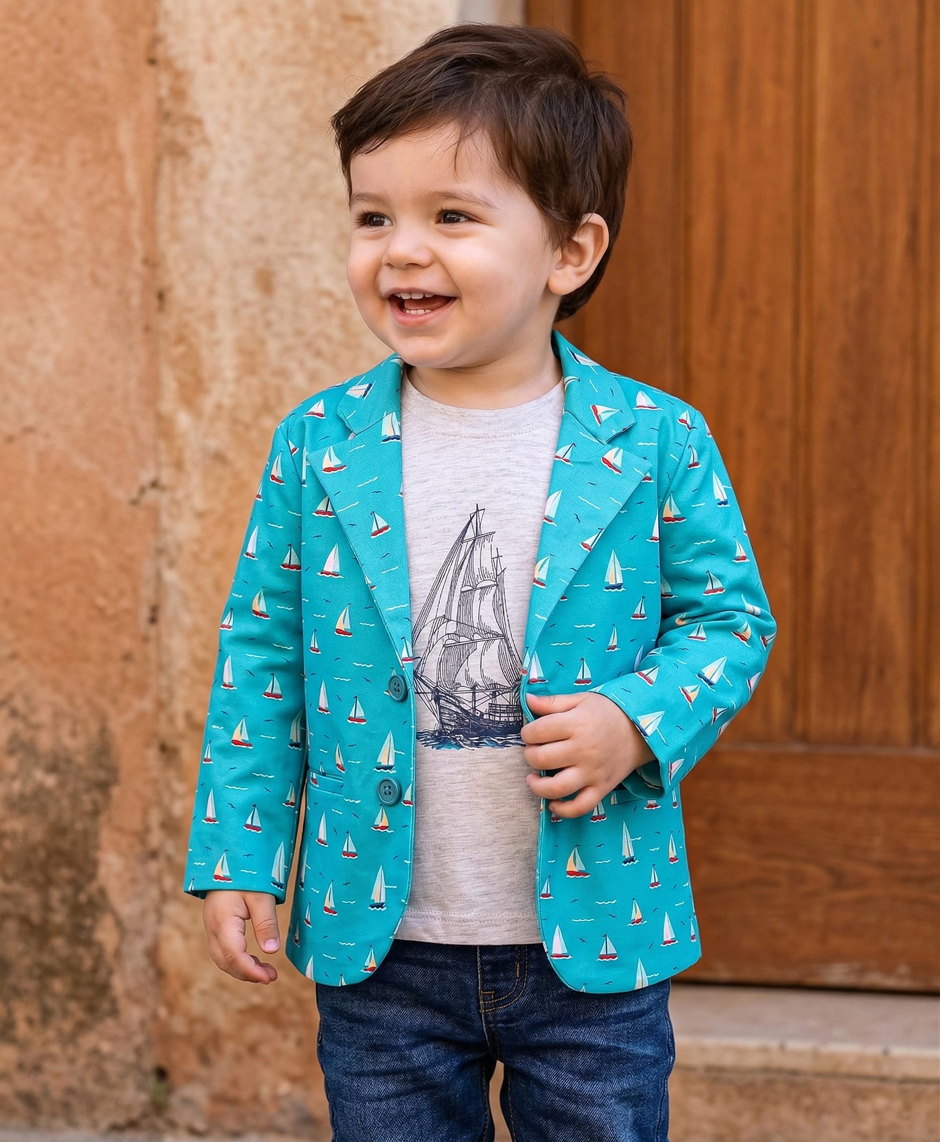 Babyhug Knit Full Sleeves Boat Printed Blazer With T-Shirt - Light Blue-image-38