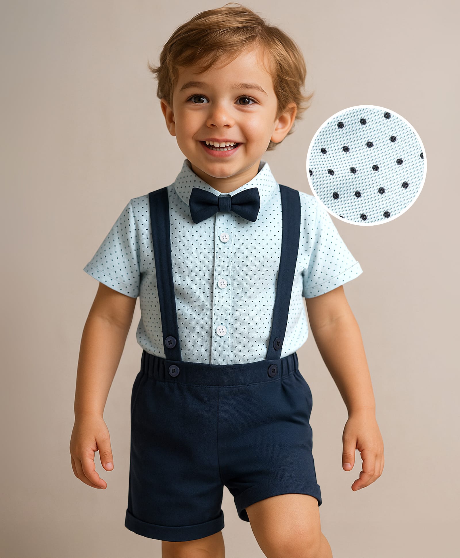 Babyhug Knit Half Sleeves Polka Dot Printed Shirt & Shorts With Bow & Suspender - Light & Navy Blue-image-33
