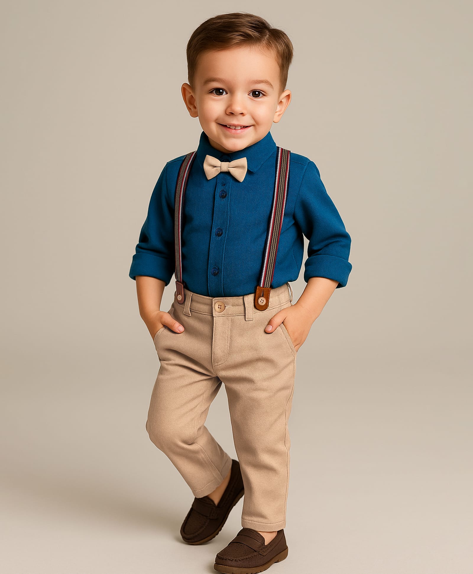 Babyhug Knit Full Sleeves Solid Color Party Shirt & Trouser Set with Suspendor & Bow - Blue & Beige-picture-10