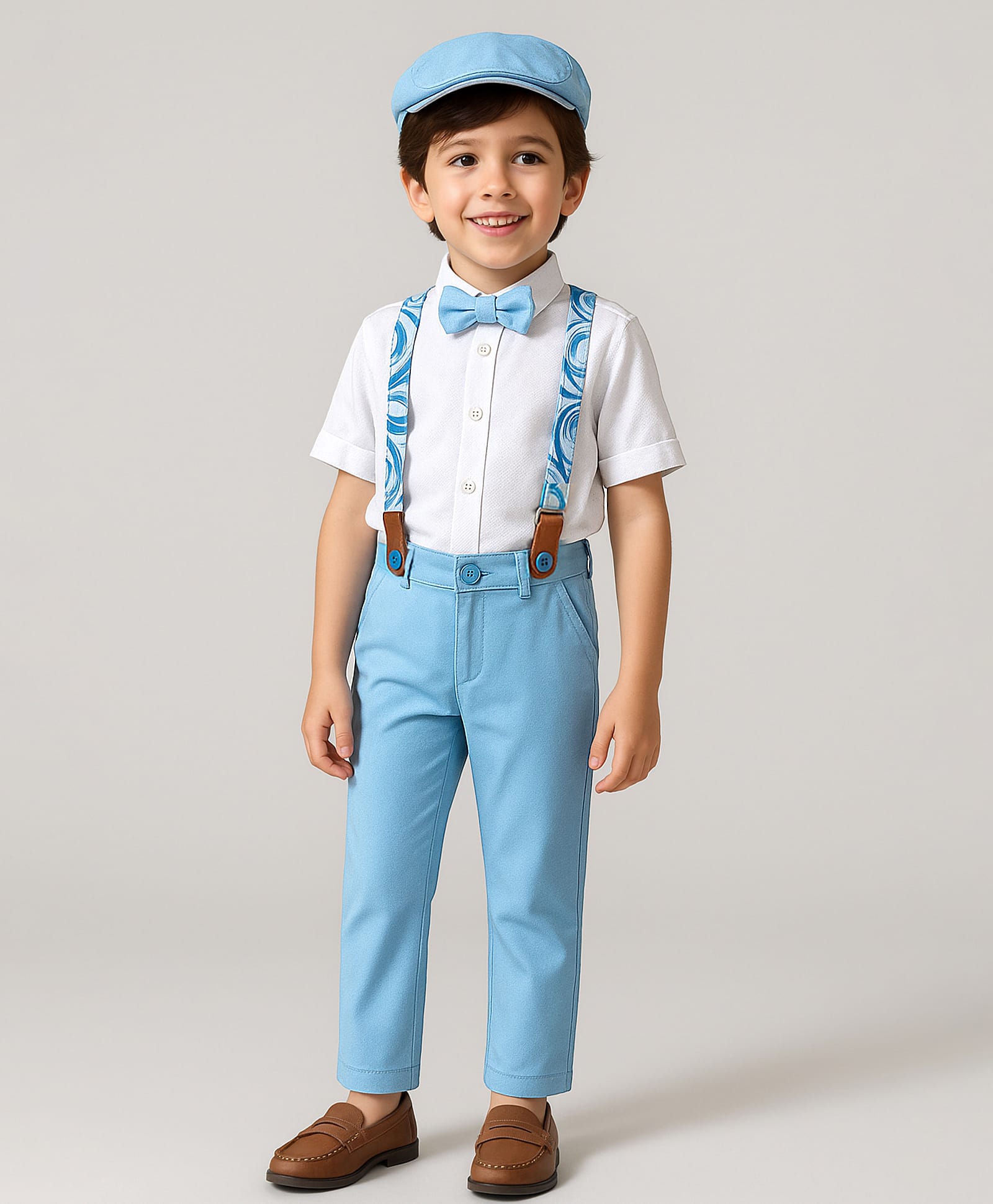 Babyhug Knit Full Sleeves Solid Color Shirt & Trouser with Bow & Suspender Cap - Light Blue & White-image-7
