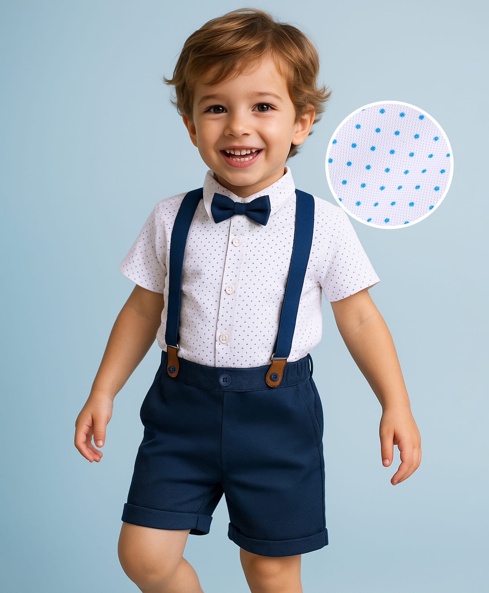 Babyhug Knit Half Sleeves Polka Dots Printed Shirt & Shorts Set with Bow & Suspender - White & Teal Blue-image-31