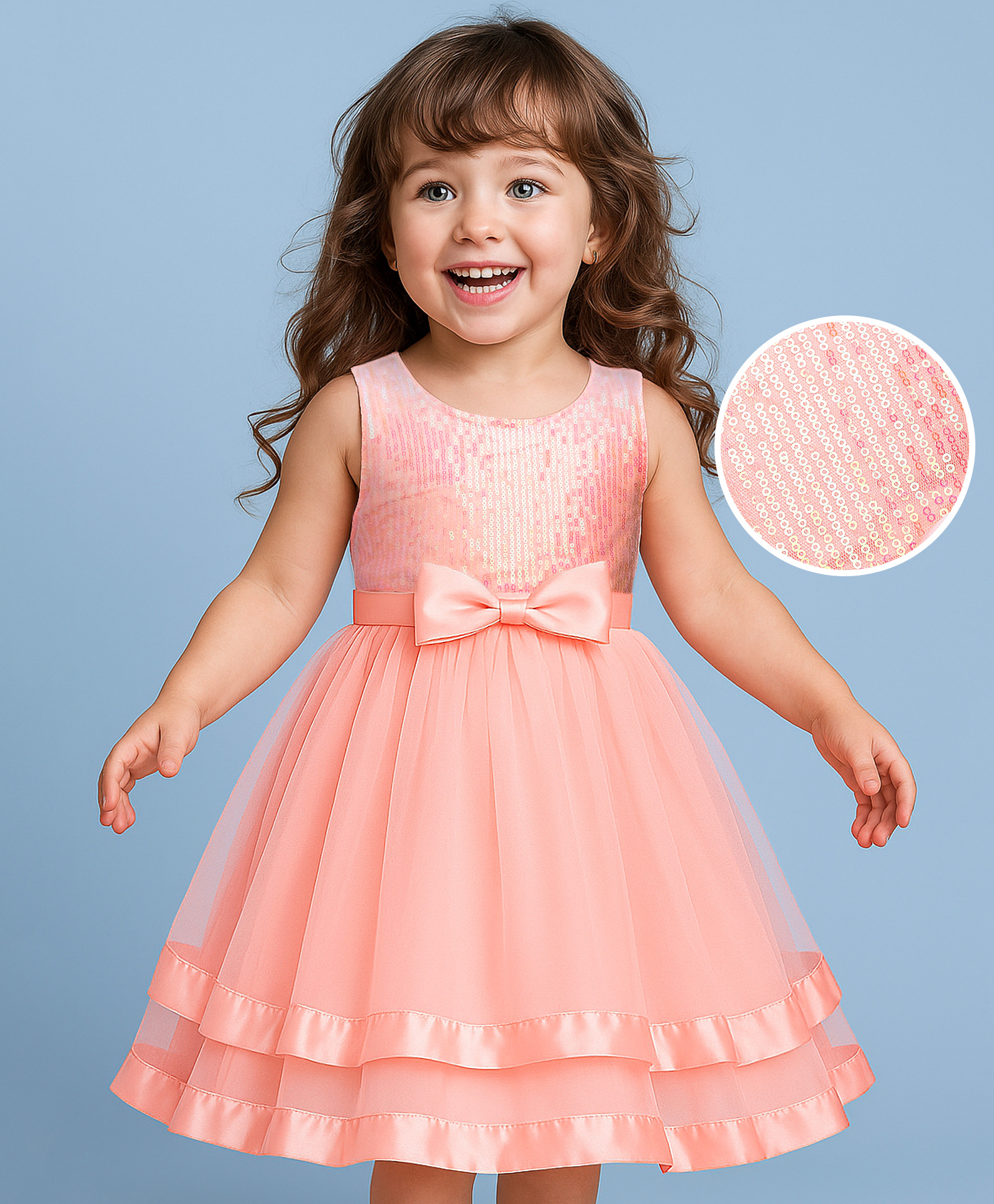 Babyhug Woven Sleeveless Party Dress With Bow Applique & Sequin - Peach-picture-21