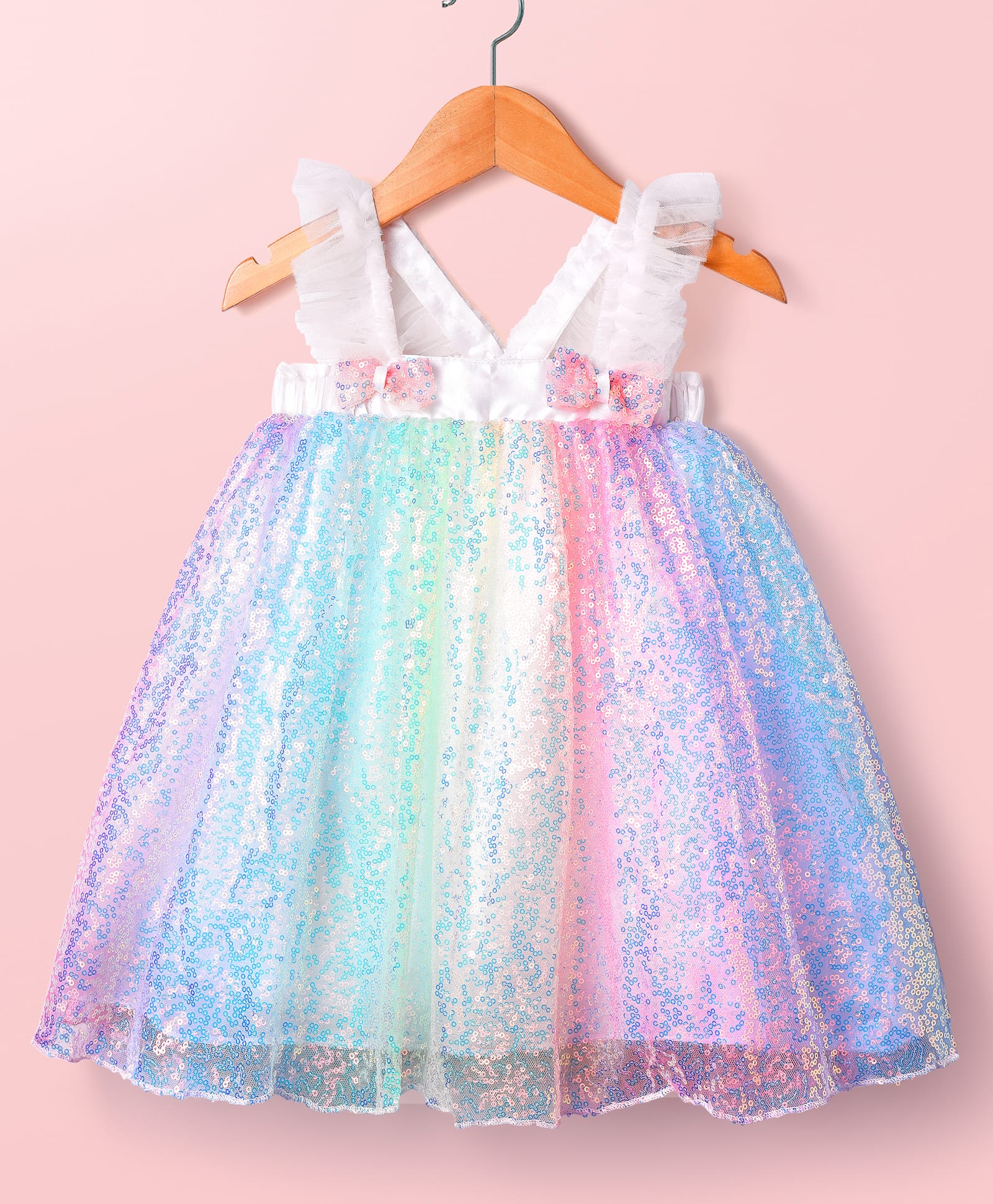 Babyhug Woven Frill Sleeves Mesh Party Dress with Sequin Detailing & Bow Applique - White-image-13
