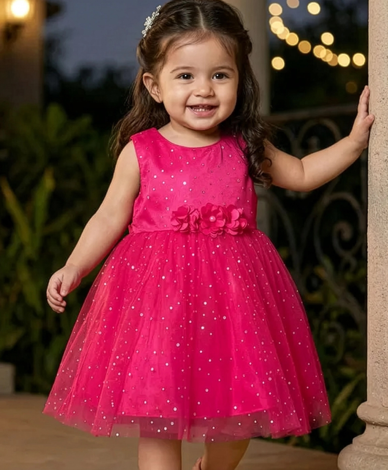 Babyhug Woven Sleeveless Fit & Flare Mesh Party Dress with Glitter Print & Floral Corsage - Dark Pink-image-32