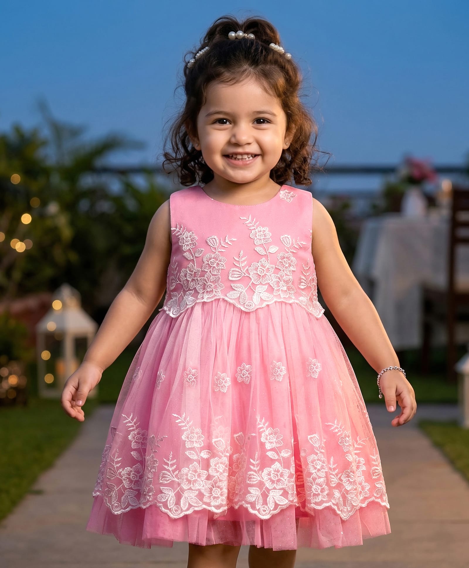 Babyhug Woven Sleeveless Mesh Party Dress with Floral Embroidery - Pink-image-9