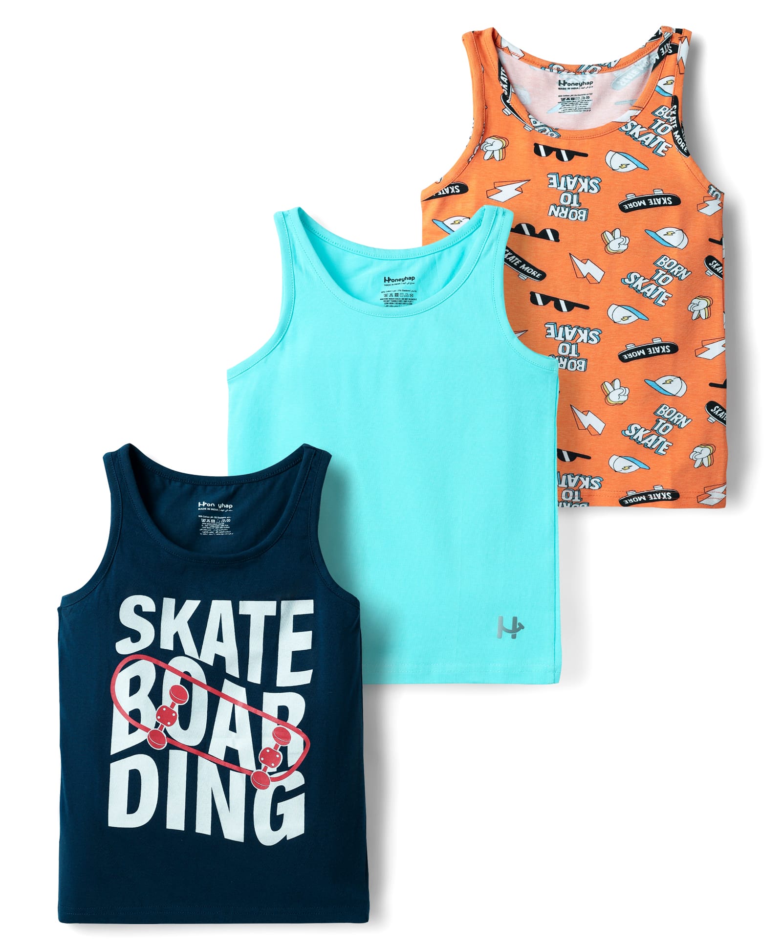 Honeyhap Premium 100% Cotton Spandex Knit Sleeveless Vests With Bio Finish & Skateboard Theme Print Pack Of 3 -Navy Peony Blue Radiance & Tangerine-image-47